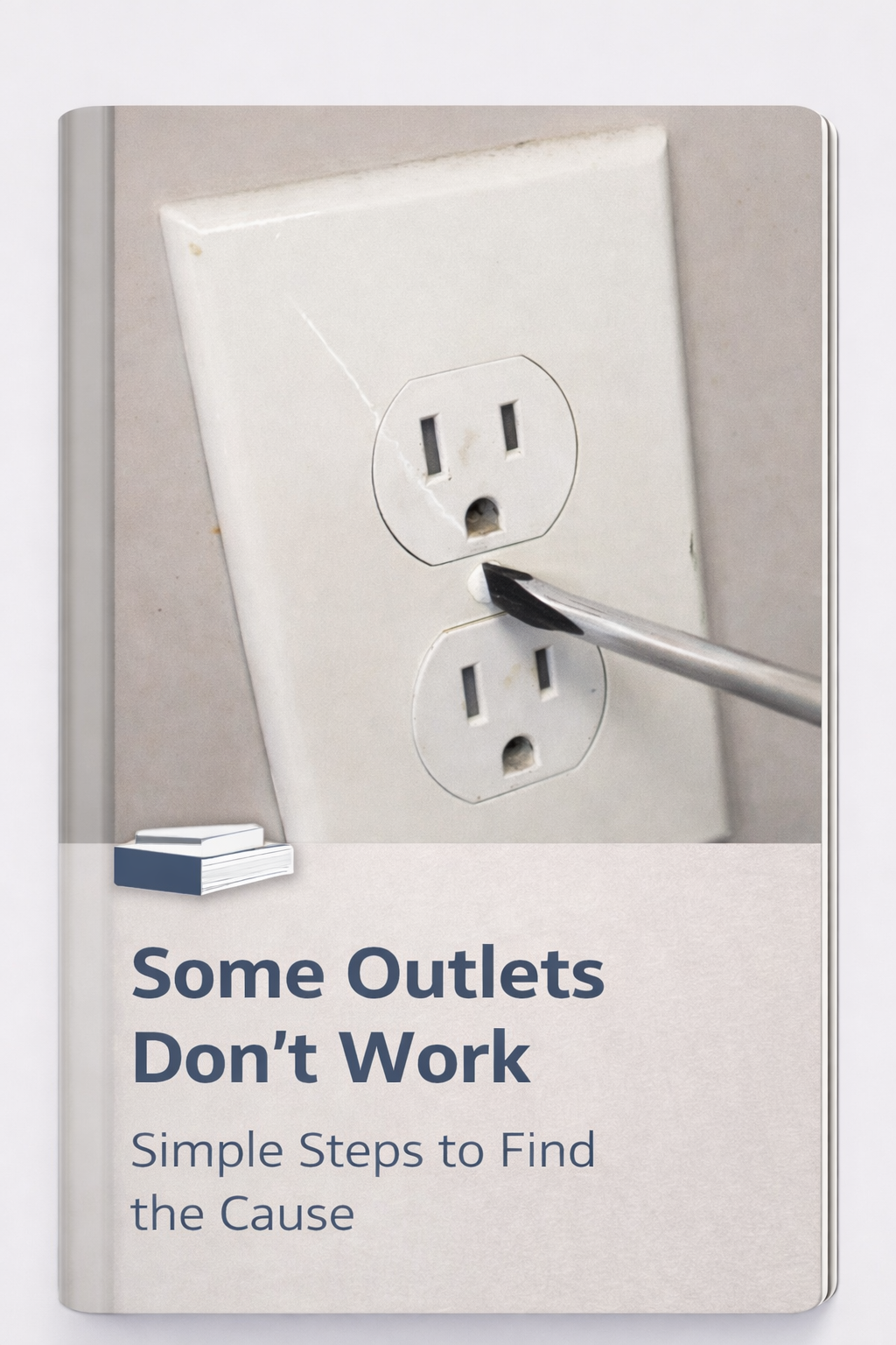 A booklet titled 'Some Outlets Don't Work,' featuring an image of a damaged electrical outlet with a screwdriver pointing at it, and the subtitle 'Simple Steps to Find the Cause.'