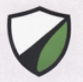 A shield logo divided into three sections with black, white, and green colors.