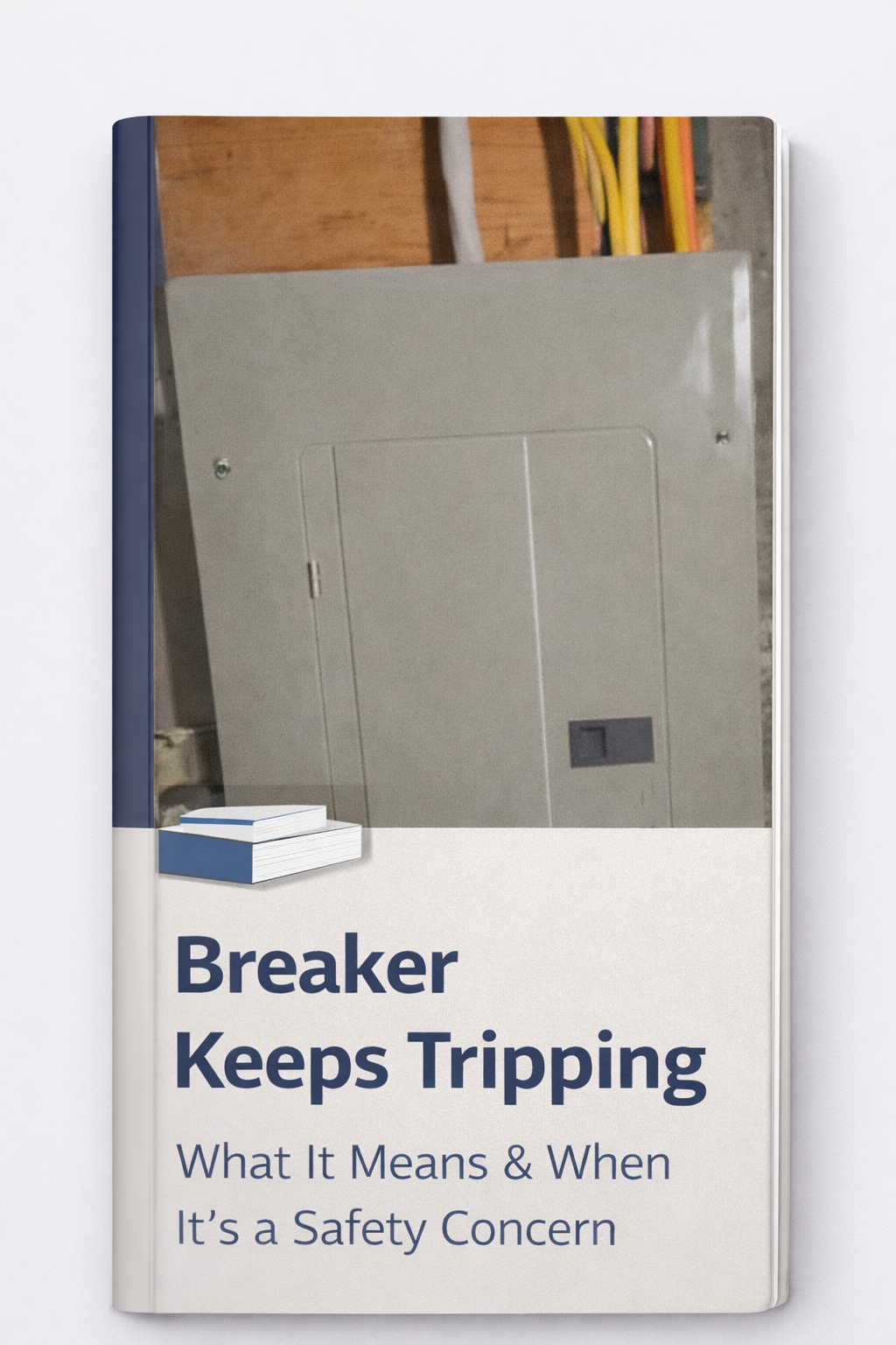 Booklet titled 'Breaker Keeps Tripping: What It Means & When It's a Safety Concern' with an image of electrical breaker box on the cover.