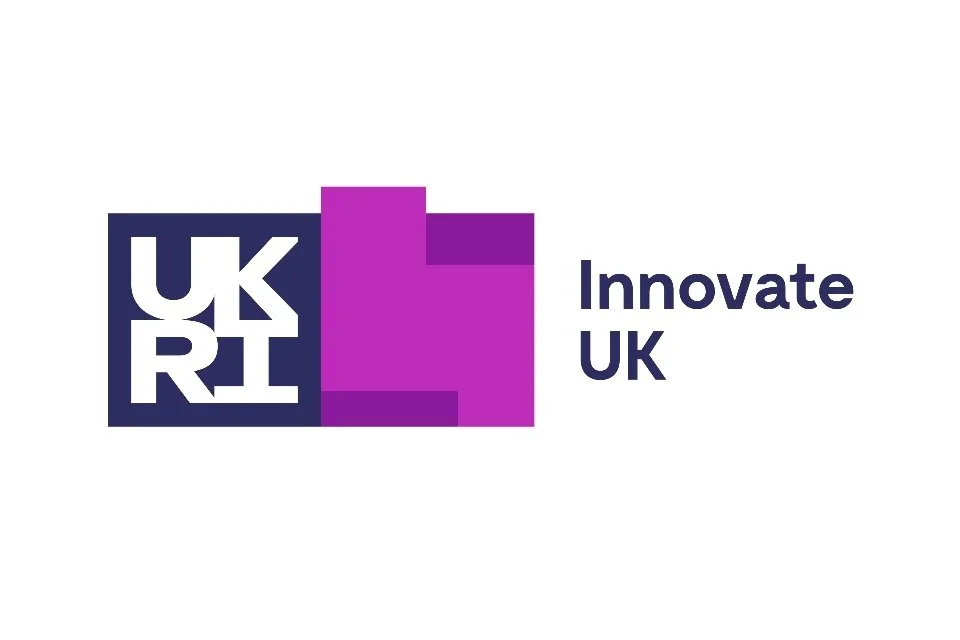 Logo with text 'UKRI' and 'Innovate UK', featuring purple and pink geometric shapes.