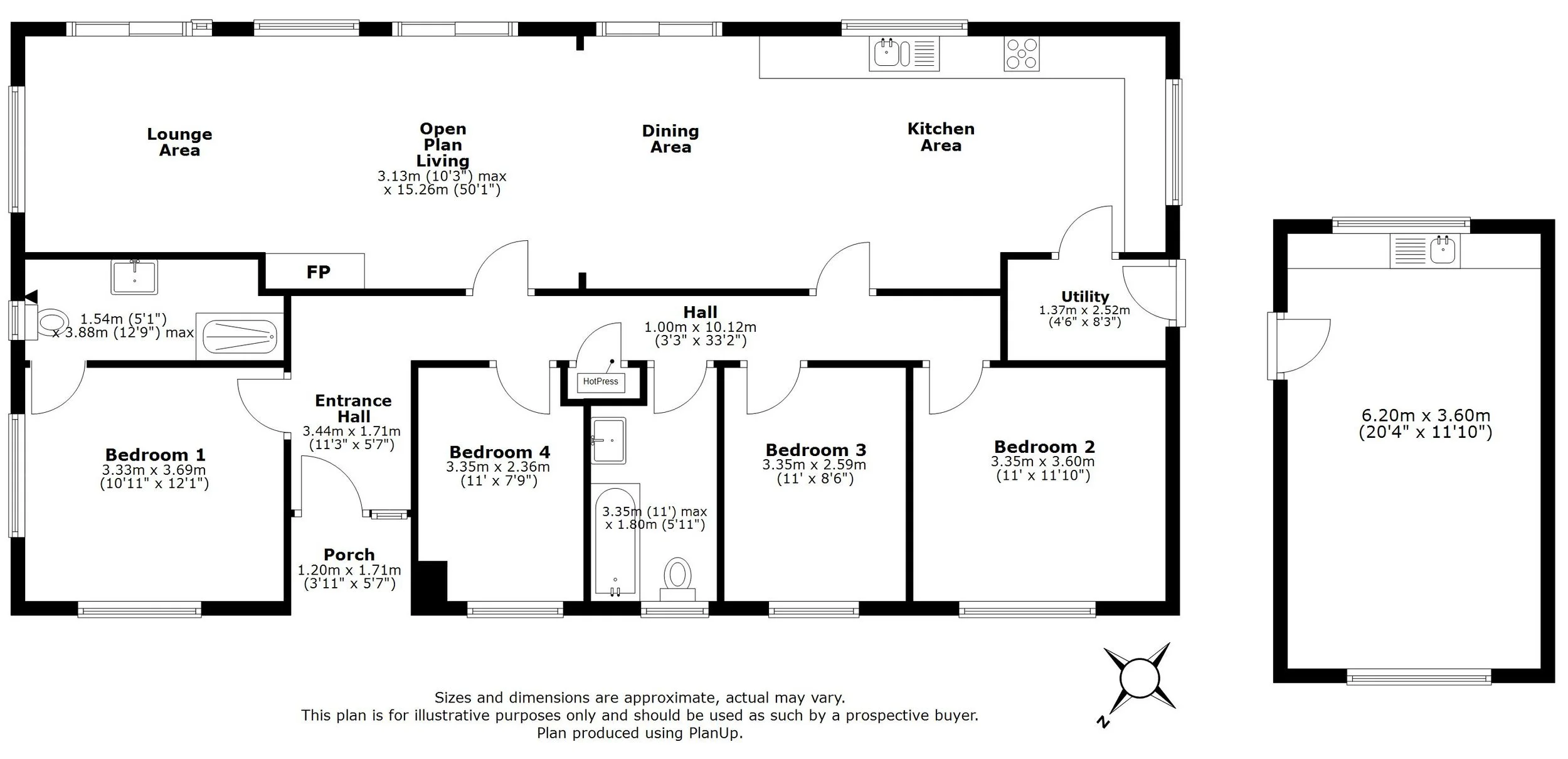 Floor plan of a house showing various rooms including a lounge area, open plan living, dining area, kitchen, utility room, four bedrooms, bathrooms, porch, hall, a fireplace, and a large garage. Measurements are provided for each room.