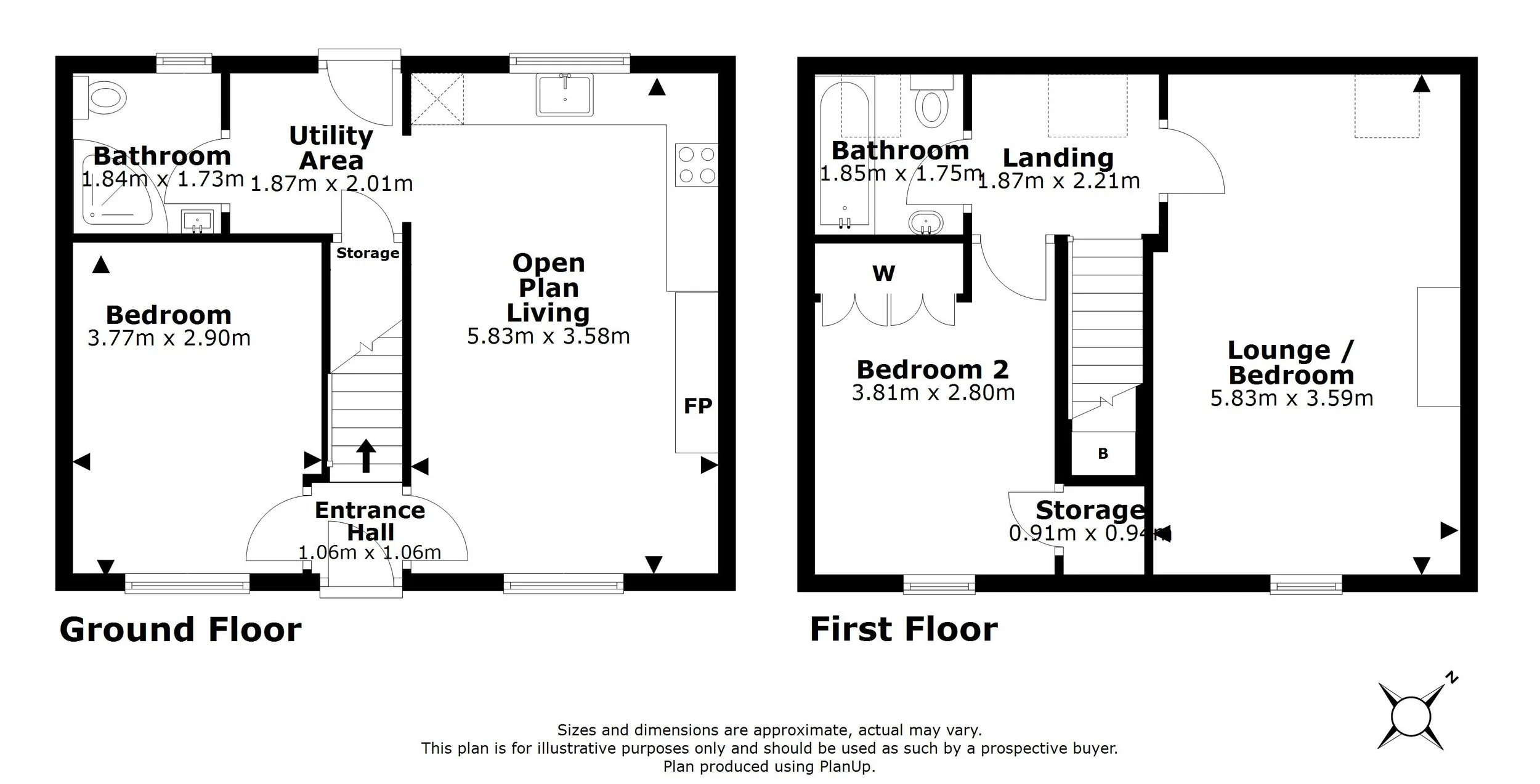 Floor plan of a two-story house showing the ground floor with an entrance hall, bedroom, bathroom, utility area, and open plan living space, and the first floor with a bedroom, bathroom, landing, lounge/bedroom, and storage areas.