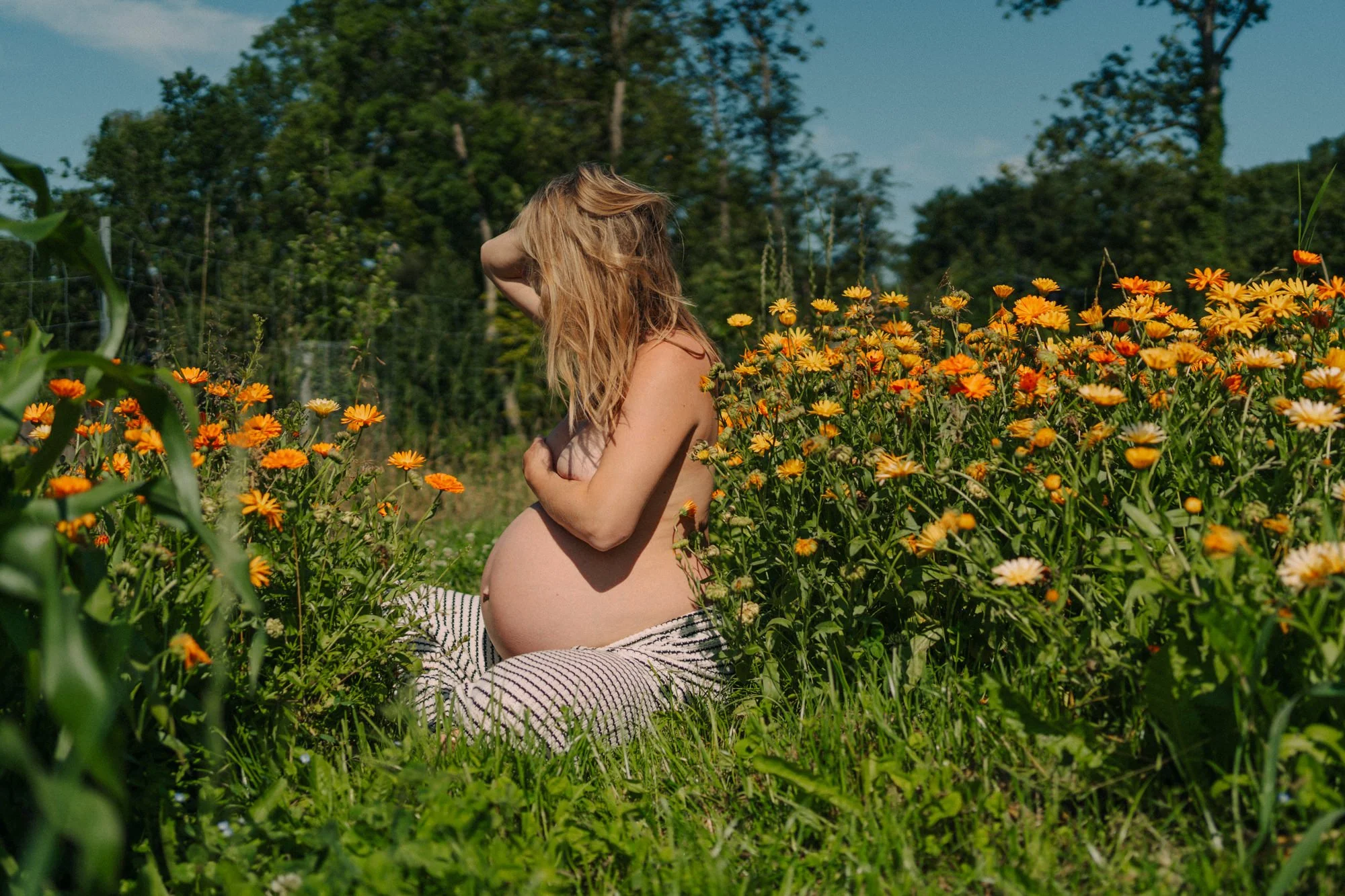 Schwangere Frau sitzt im Blumenfeld bei Sonnenschein, umgeben von orangefarbenen und weißen Blumen, mit lockigem Haar, die sich selbst umarmt.