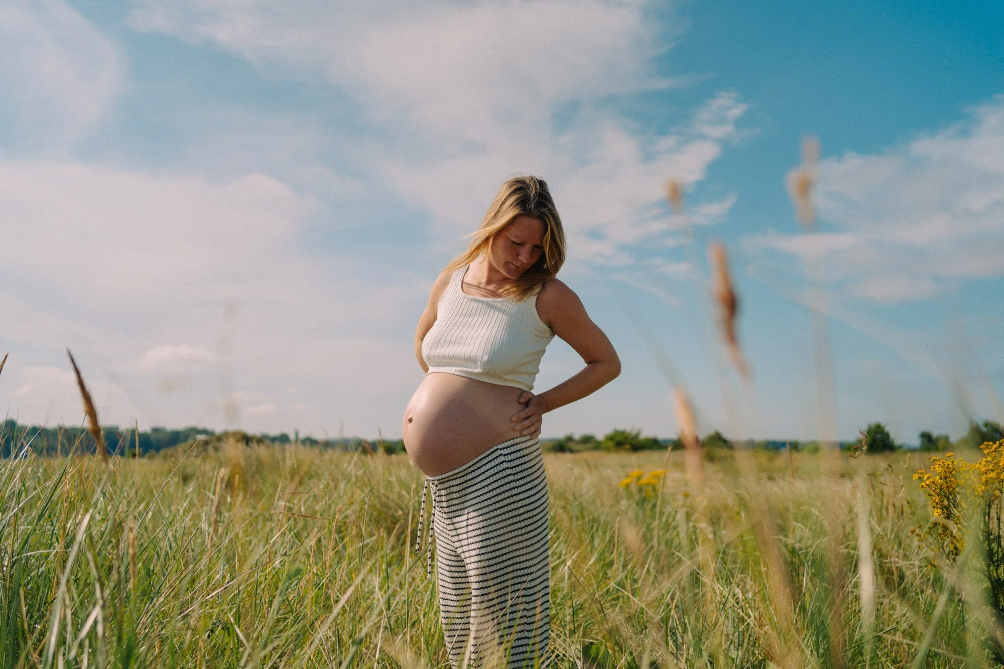 Schwangere Frau steht in einem grünen Feld bei schönem Himmel und Sonnenlicht.