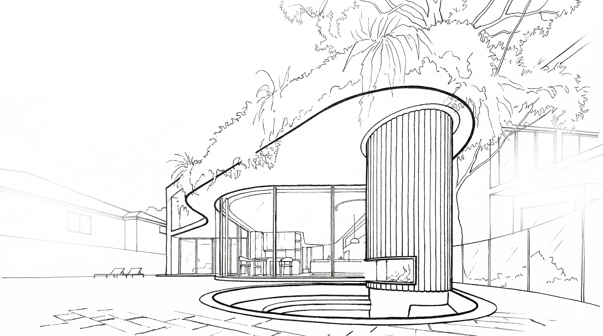 A modern outdoor patio area with a circular firepit, glass-walled lounge space, and a large tree with sprawling branches overhead.