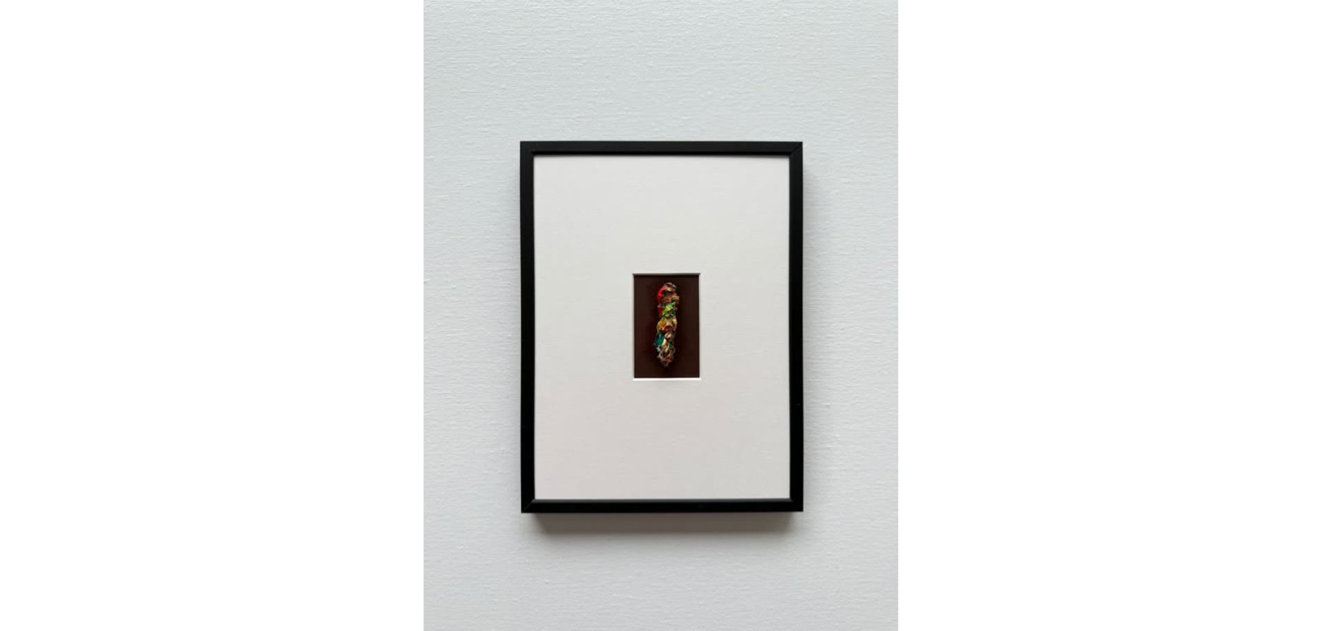 Framed artwork on a white wall featuring a colorful, irregularly shaped object, possibly a sculpture or mixed media piece.