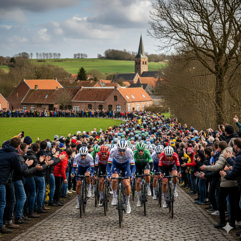A large group of cyclists participating in a race on a cobblestone road, surrounded by cheering spectators on both sides, with a village and church in the background.