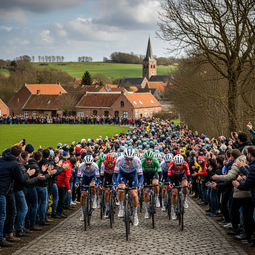 Cyclists competing in a race on a cobblestone path, surrounded by spectators on both sides, with a rural village and church steeple in the background.