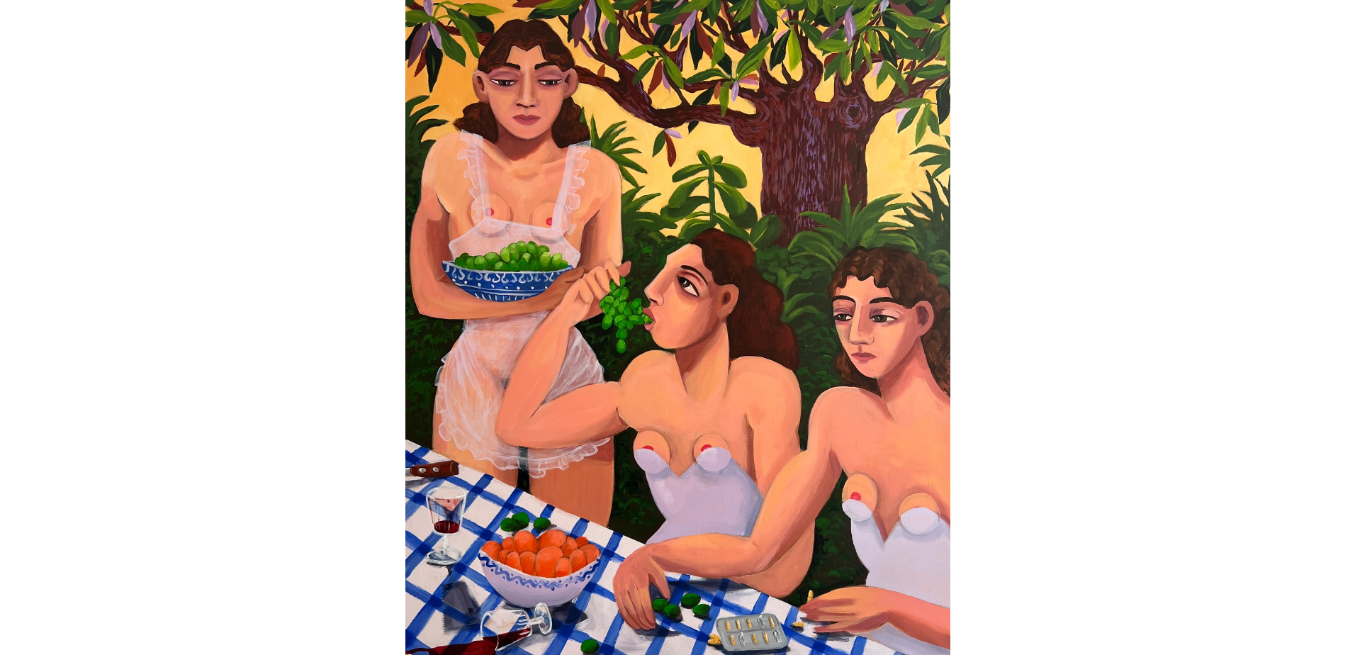 A painting depicting four women outdoors at a table set with food and drinks, with lush greenery and a large tree in the background. One woman is standing holding a bowl of green peas, another woman is sitting and eating peas from her hand, and two women are sitting with cups in front of them, wearing dresses with pasties covering their breasts.