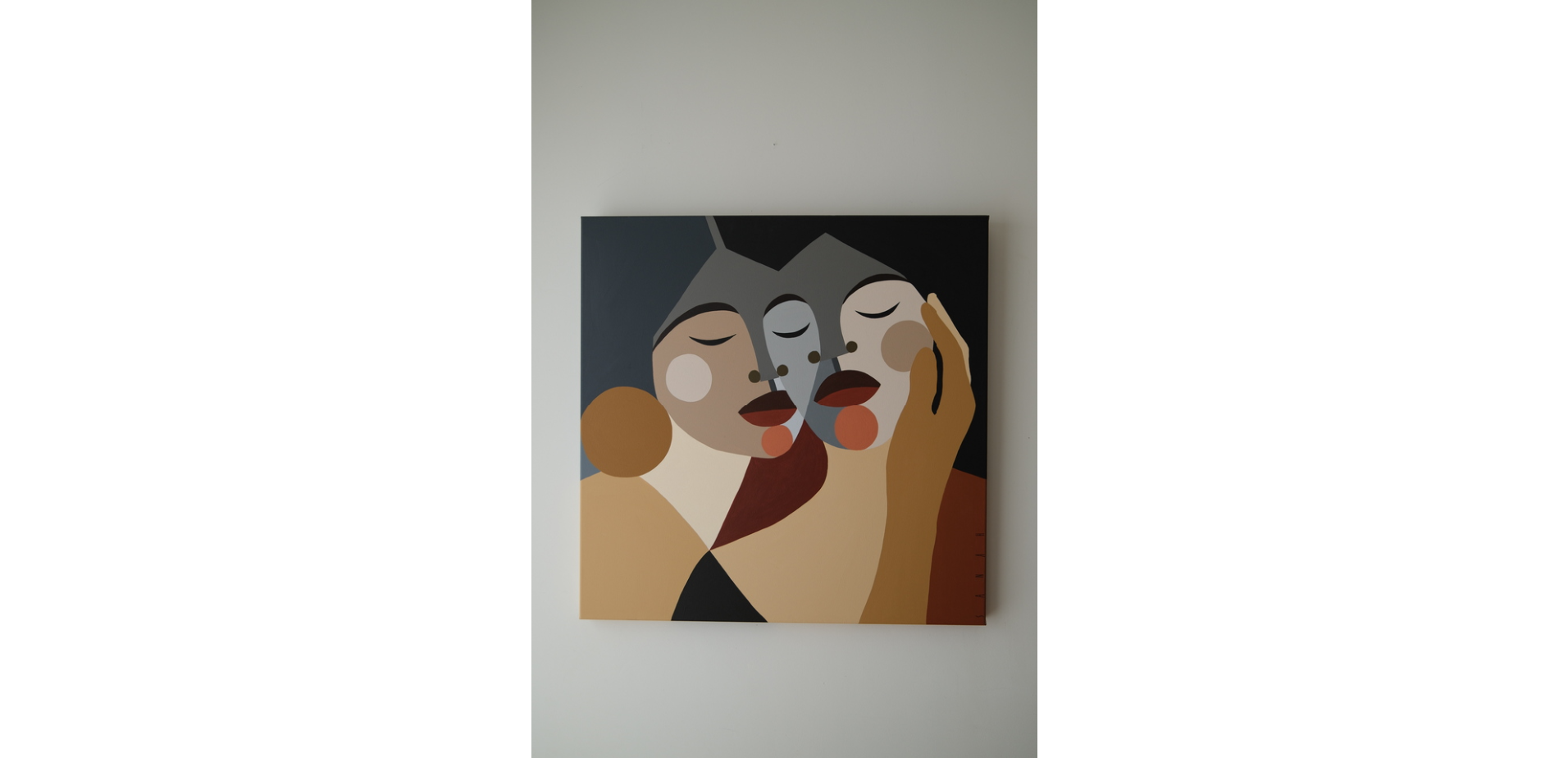 A modern abstract painting of three women with closed eyes, one with large earrings, in earthy tones on a black background.