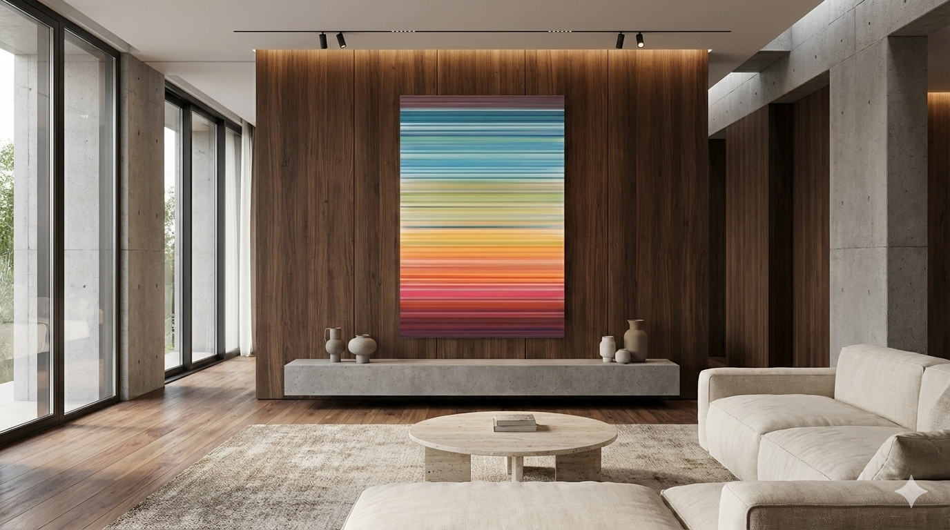 Modern living room interior with large windows, wooden accent wall, colorful abstract art, white sofa, round coffee table, and decorative vases.