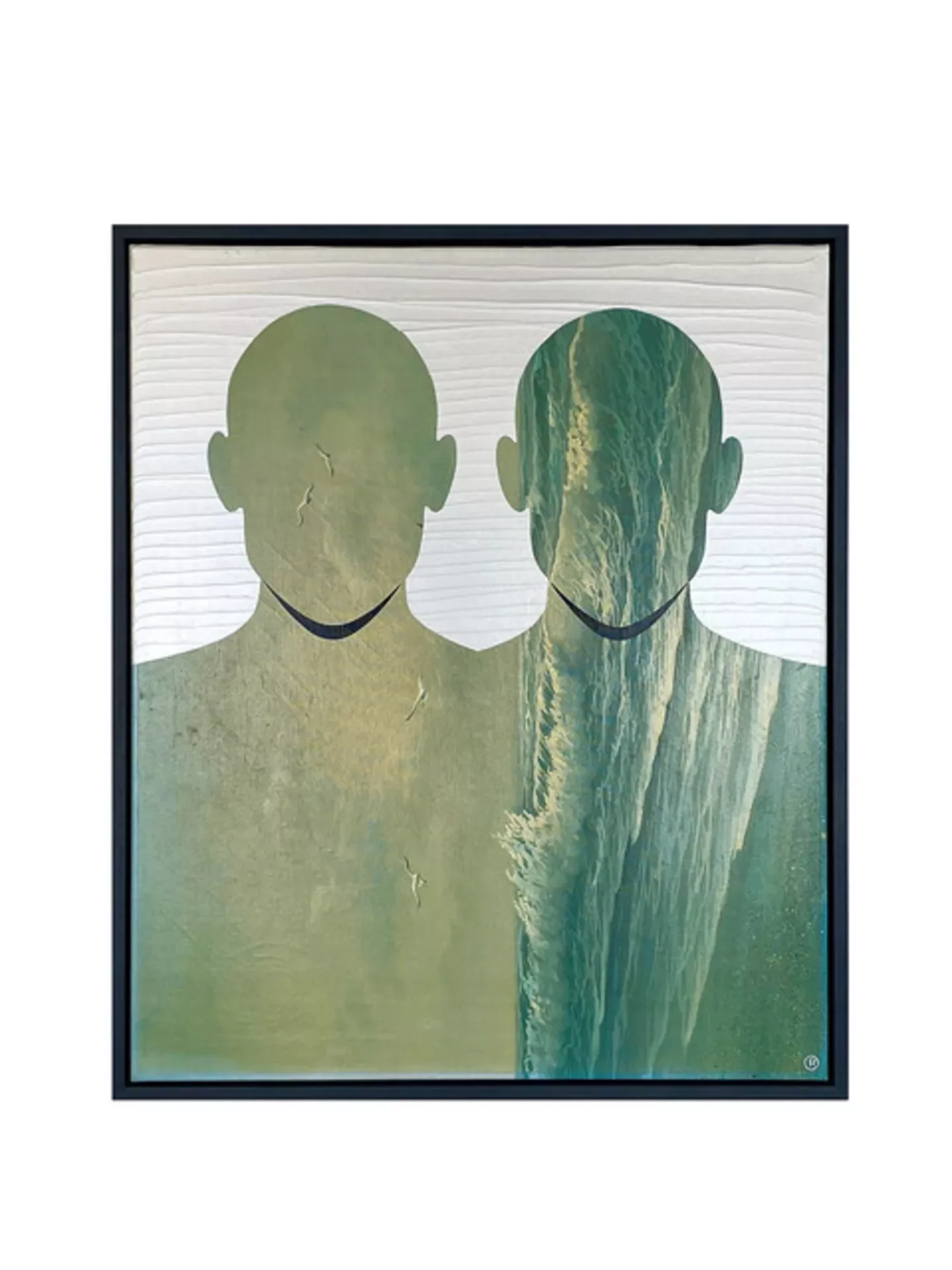 Art piece featuring the silhouettes of two headless humanoid figures with ocean waves within the outlines, set against a textured white background.