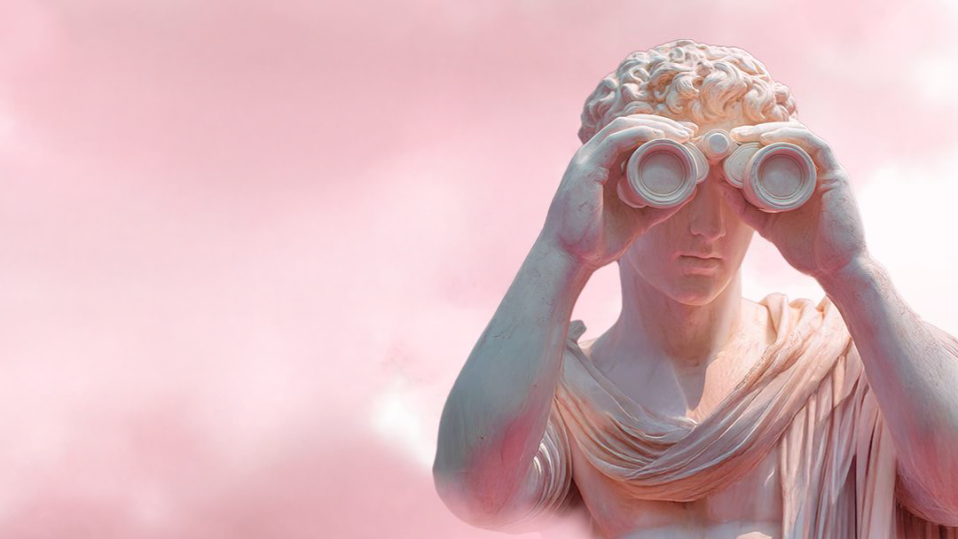 Statue of a classical figure holding binoculars against a pink cloudy sky