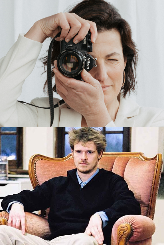 A woman taking a photo with a camera, and a man sitting in an armchair with a serious expression