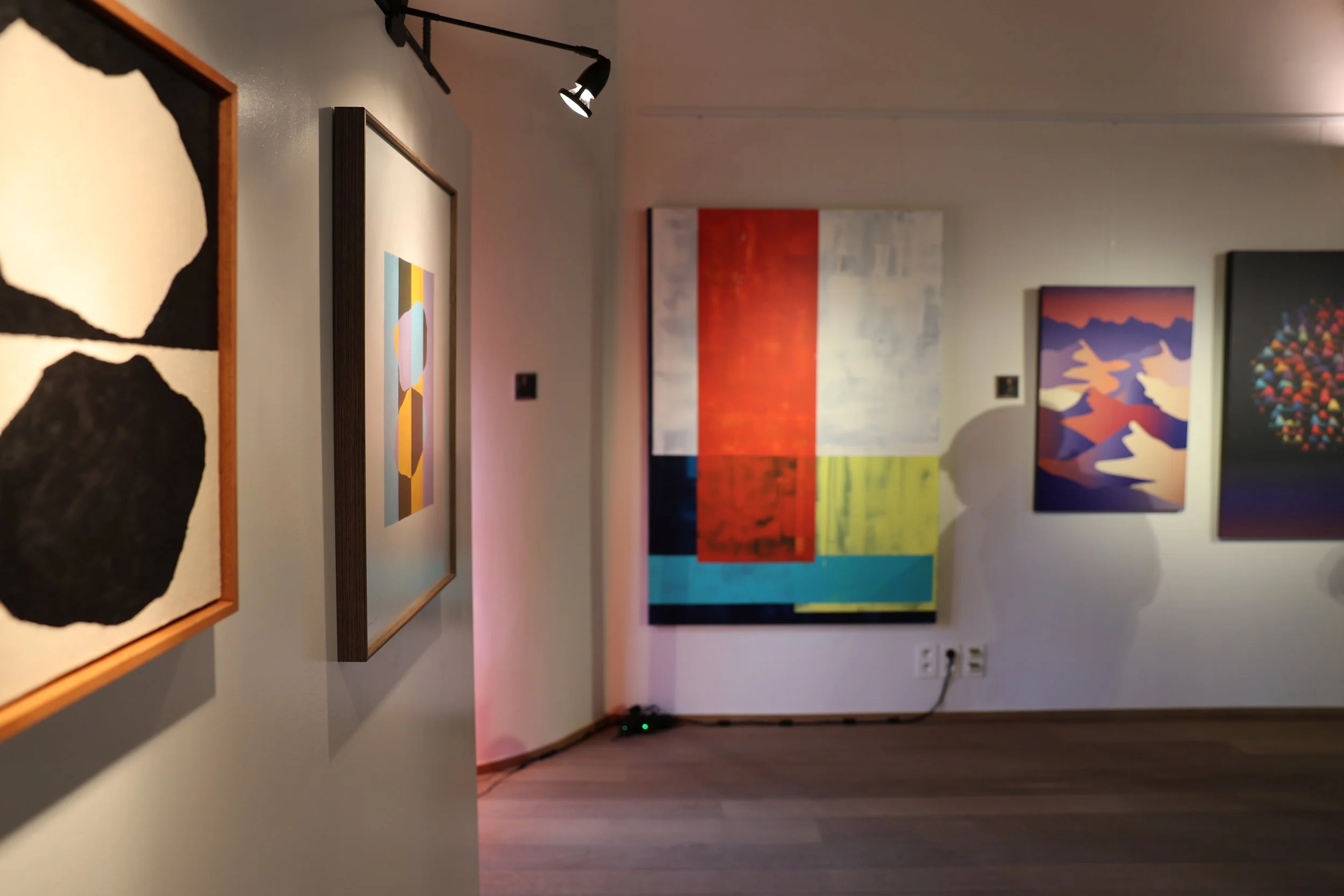 Een kunsttentoonstelling met verschillende abstracte schilderijen aan de muur.