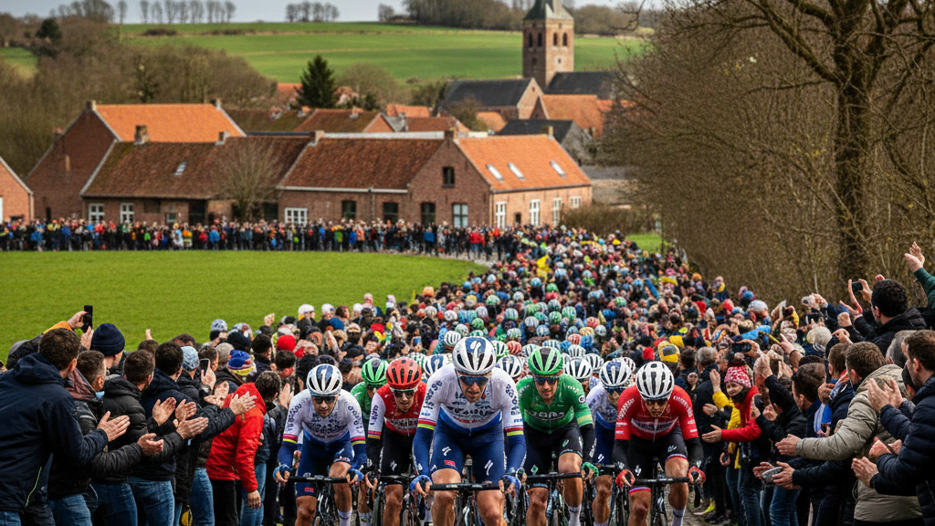 Professional cyclists racing in a large outdoor cycling event with crowds cheering on the sides
