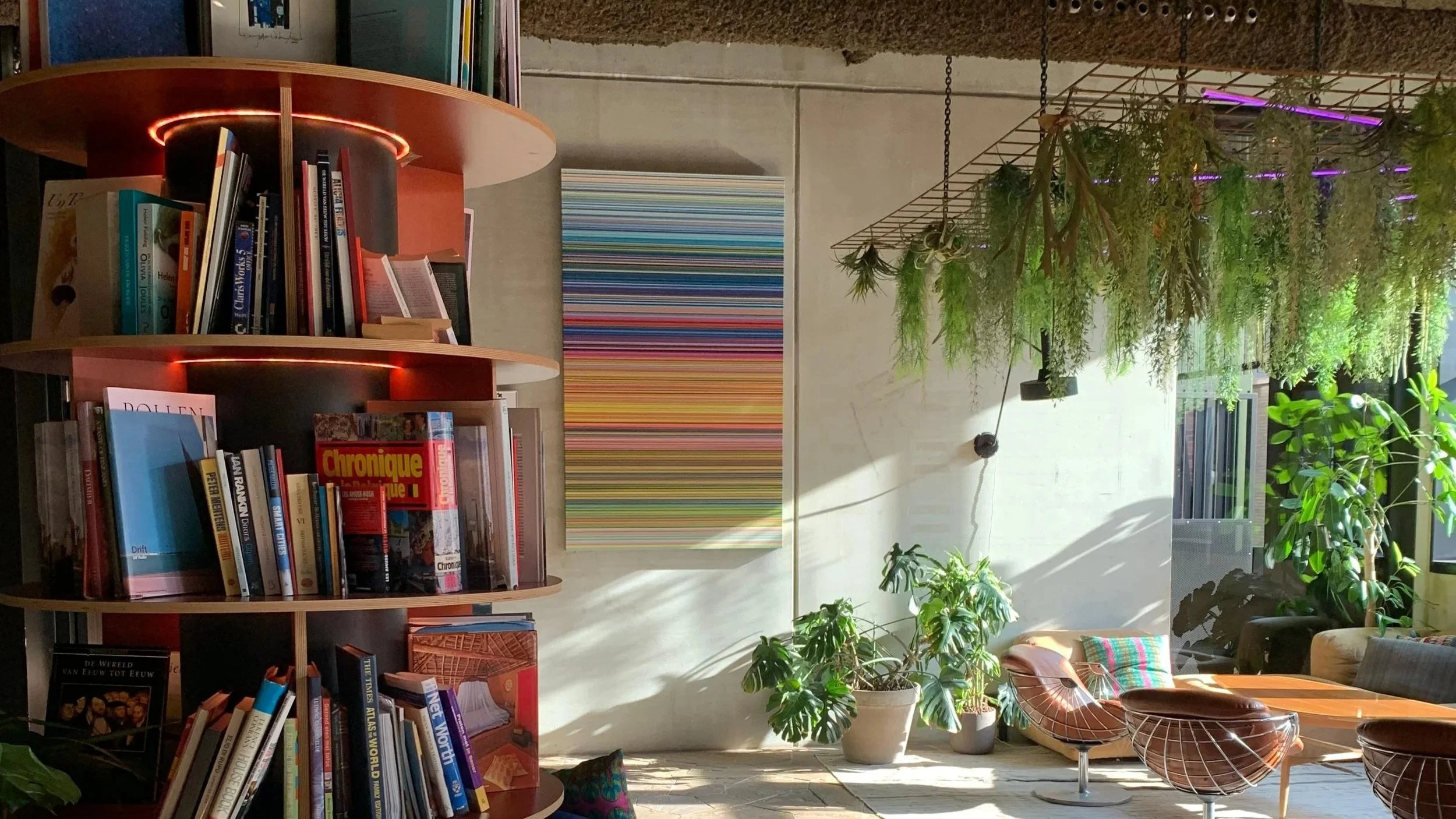 A modern interior lounge with bookshelves, a colorful striped wall art, hanging plants, and sunlight streaming onto seating furniture.