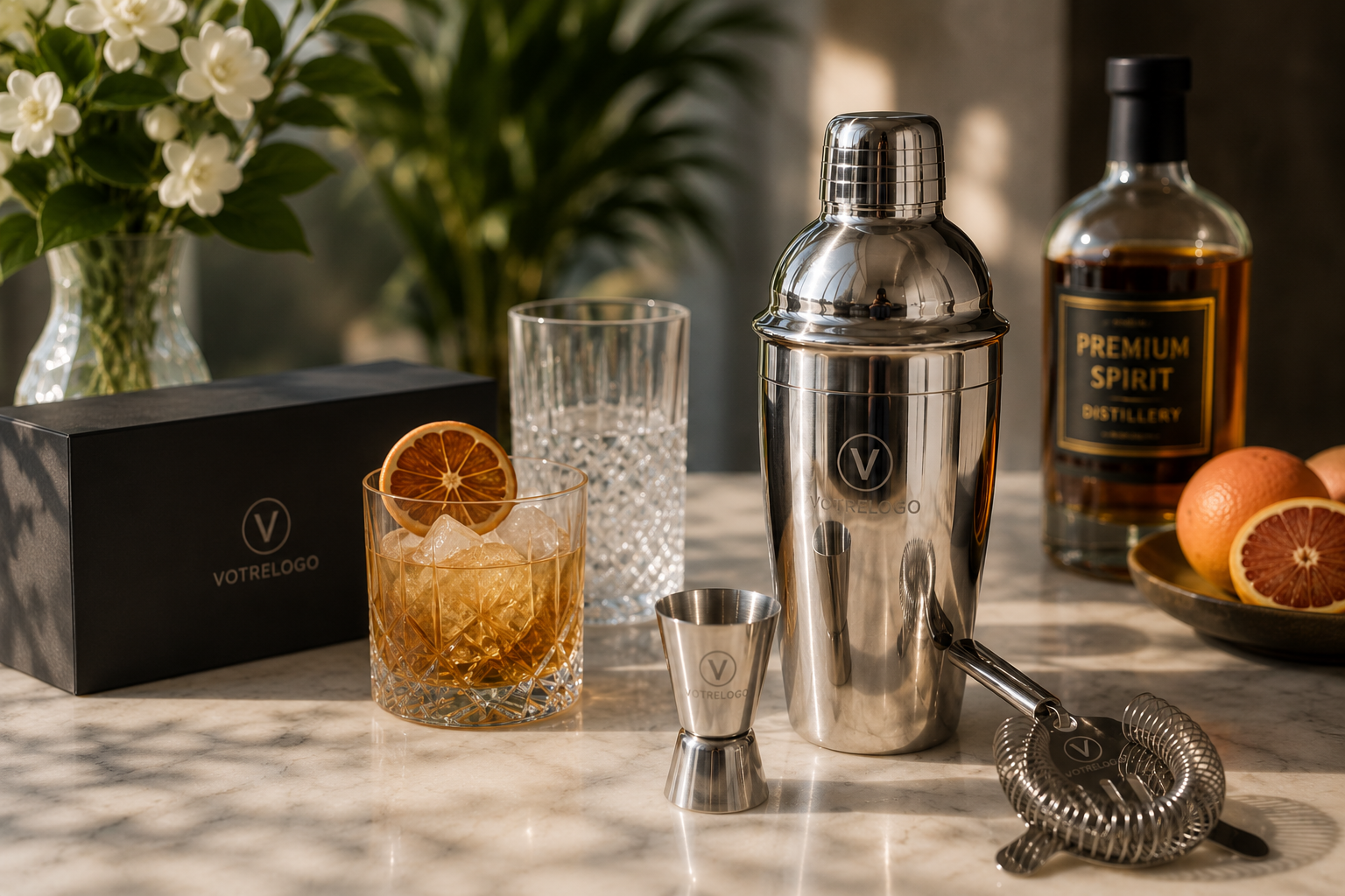 Set cocktail personnalisé avec logo : le cadeau premium des marques de spiritueux, hôtels et programmes incentive