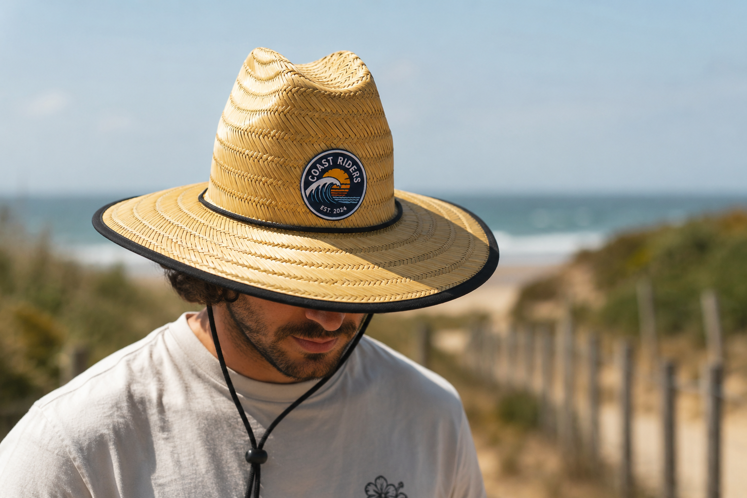 Chapeau de paille surfeur personnalisé avec patch logo brodé