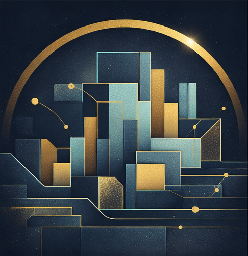 Abstract digital illustration of a cityscape with tall buildings, a semi-circle arc, and connected lines, in gold and blue tones.