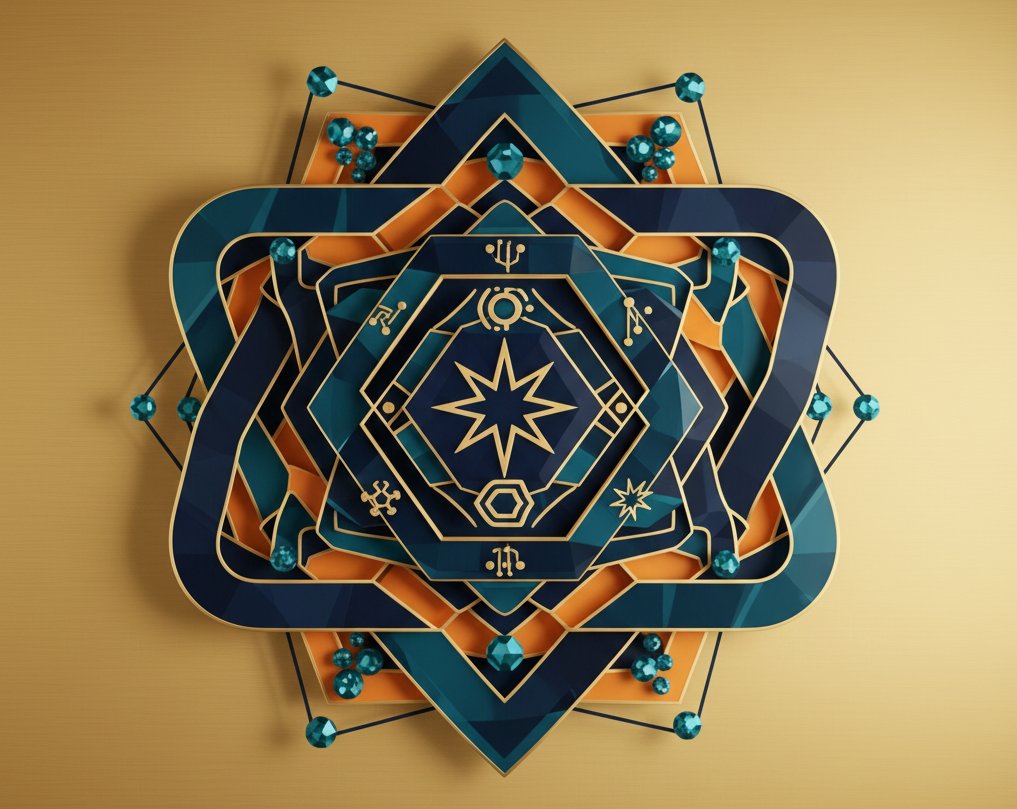 A decorative geometric wall art featuring layered star and hexagon shapes in blue, gold, and orange with small blue beads and rods, set against a beige background.
