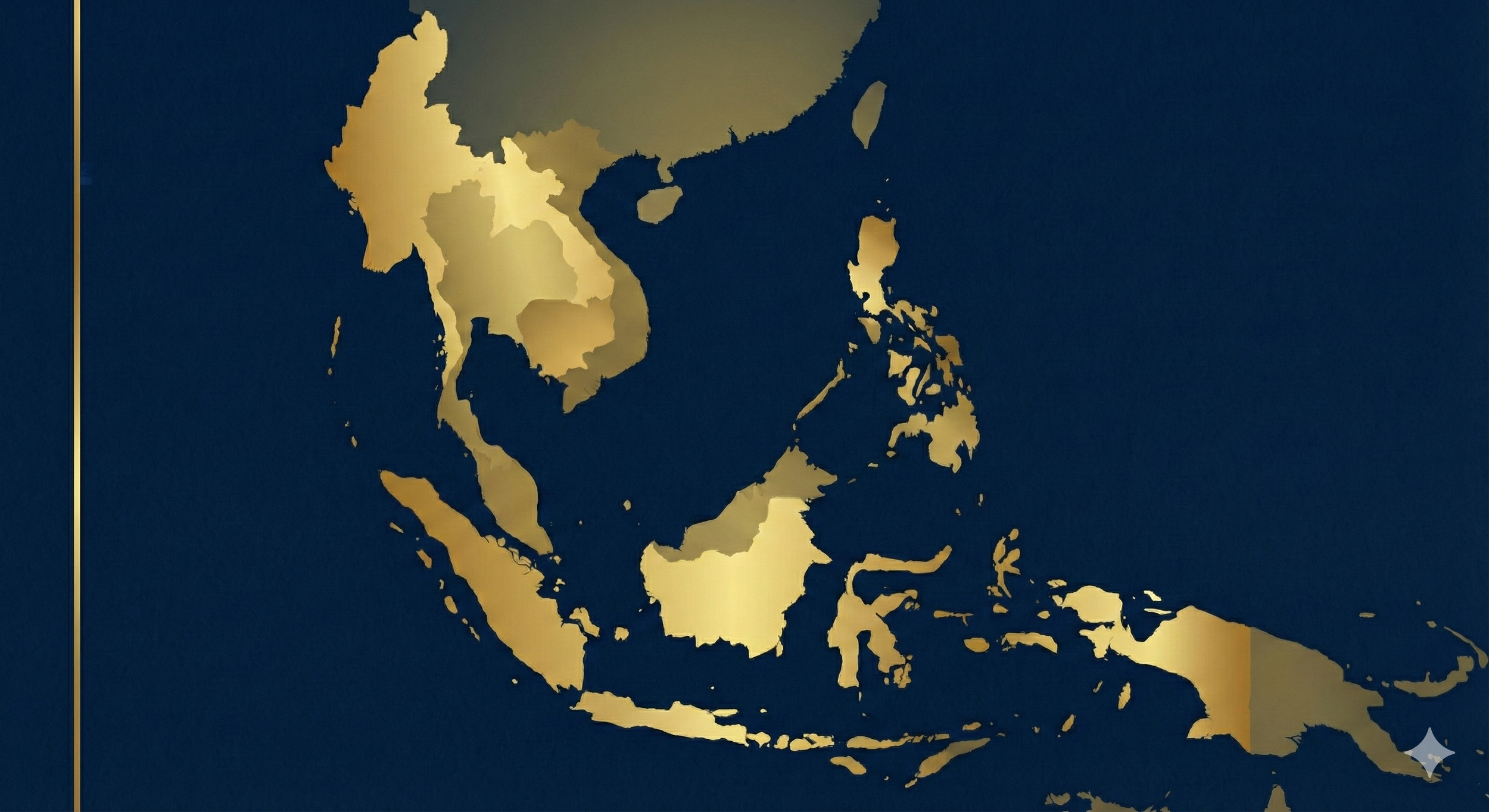 A world map focusing on Southeast Asia, with some countries highlighted in gold.
