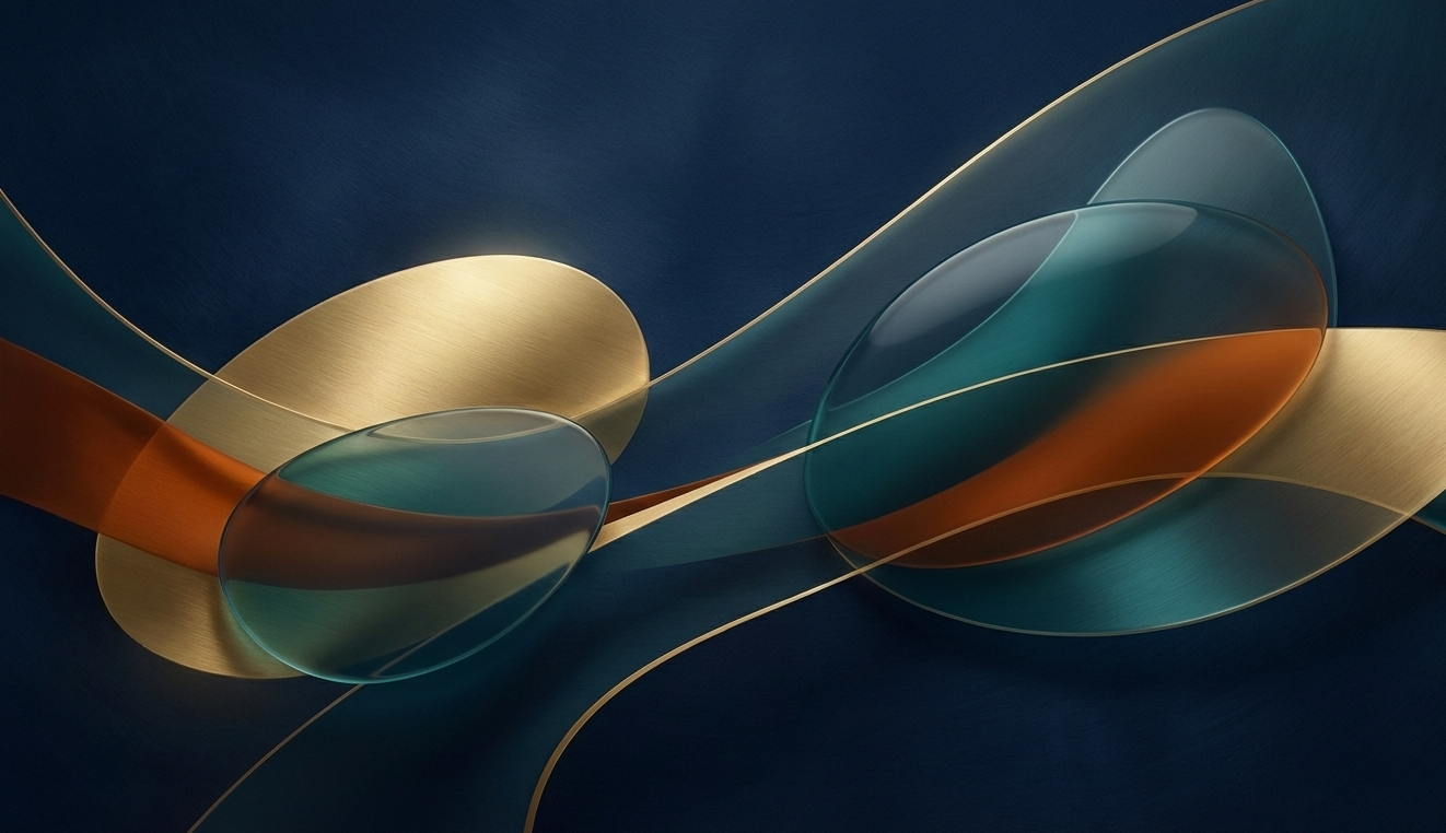 Abstract digital artwork with flowing curves and overlapping oval shapes in gold, blue, teal, and orange colors against a dark background.