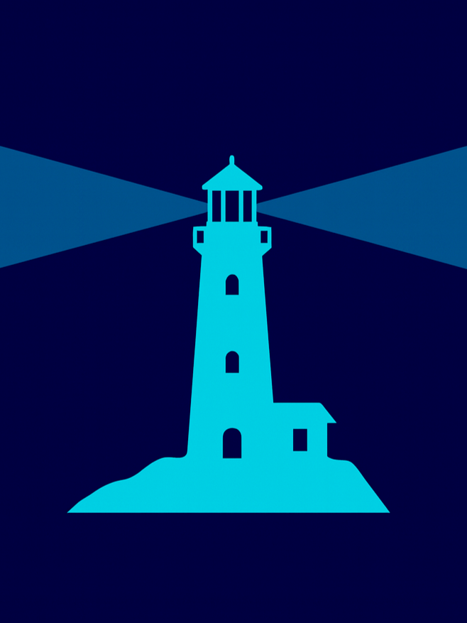 Lighthouse silhouette in teal with light beams on either side.