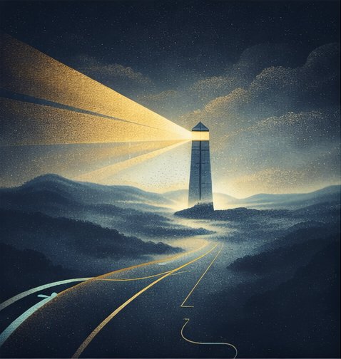 A lighthouse on a mountain ridge at night, emitting bright beams of light that spread across the sky and mountainous landscape.