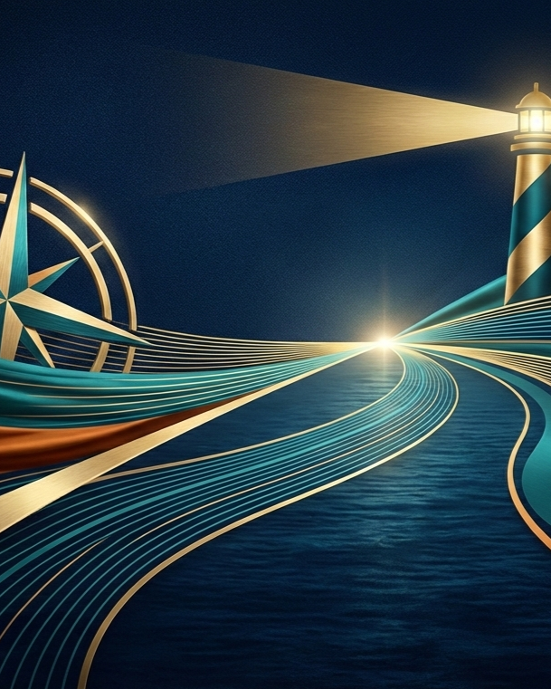 Illustration of a lighthouse shining a beam of light over a curving road on the water, with a compass and abstract waves in the background.