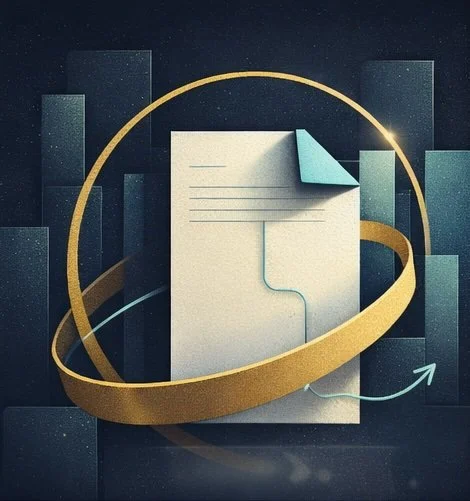 A stylized graphic of a document with a folded corner, surrounded by a gold ring and futuristic vertical bars in the background, symbolizing data or analytics.