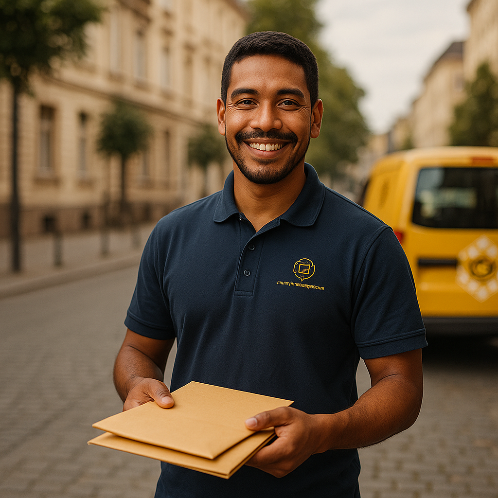 Ein Mann in einem dunkelblauen Polohemd hält Briefe in der Hand und freut sich.