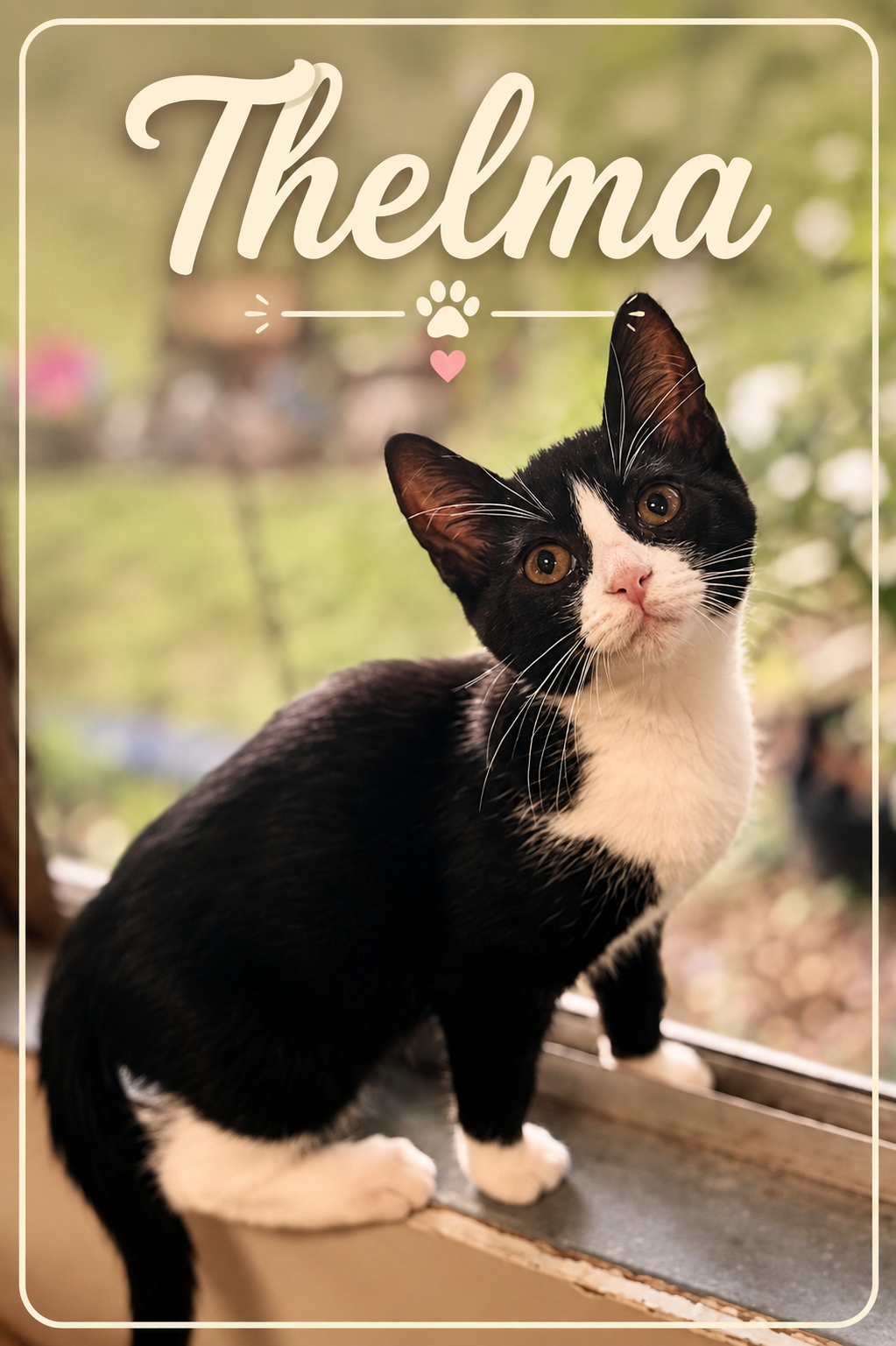 Meet Thelma. Thelma is AVAILABLE! Thelma is a sweet and affectionate girl who perfectly balances cuddle time with a healthy dose of independence. She loves being near her people and will happily follow you around the house, keeping a close eye on eve