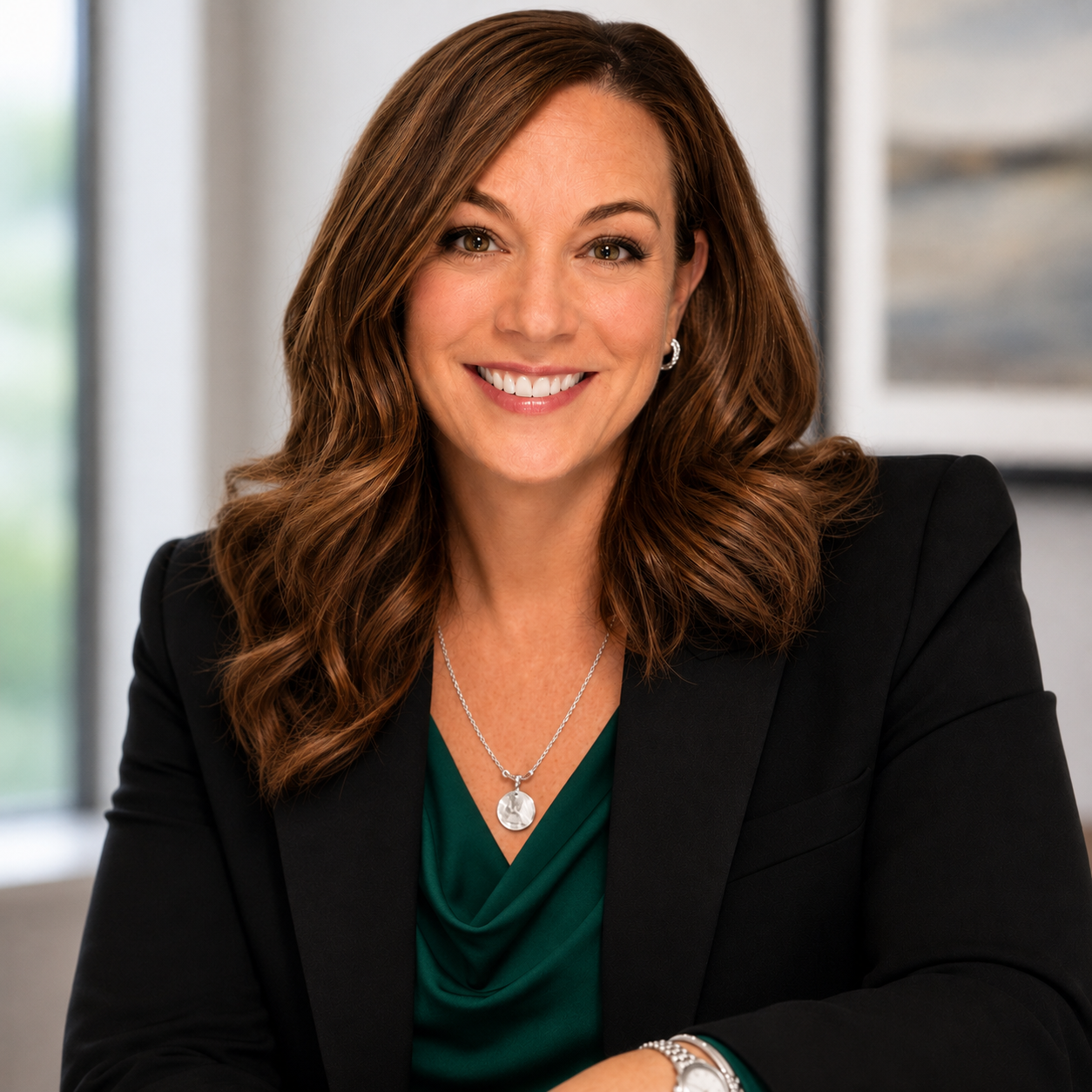 A smiling woman with brown wavy hair wearing a black blazer, green top, and silver jewelry, sitting indoors.