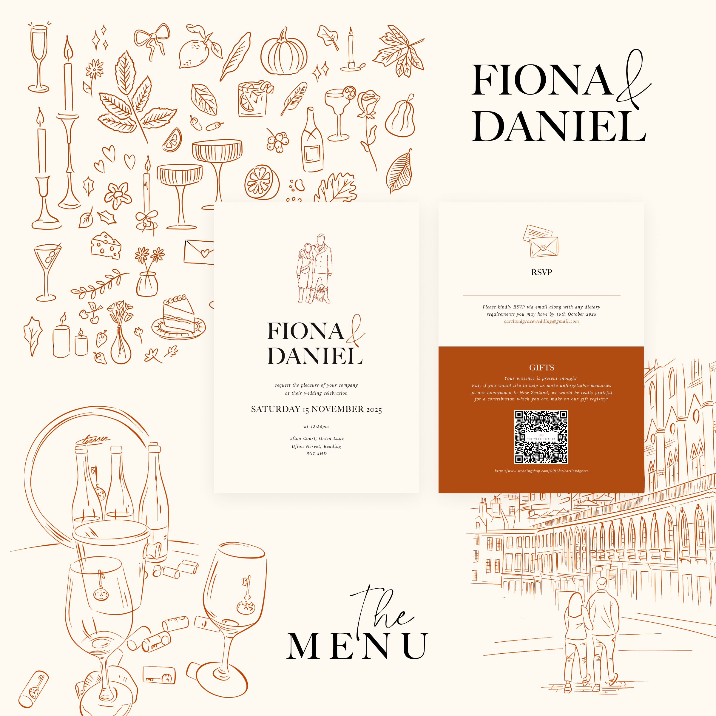 Wedding branding and stationary with bespoke, hand-drawn illustrations.