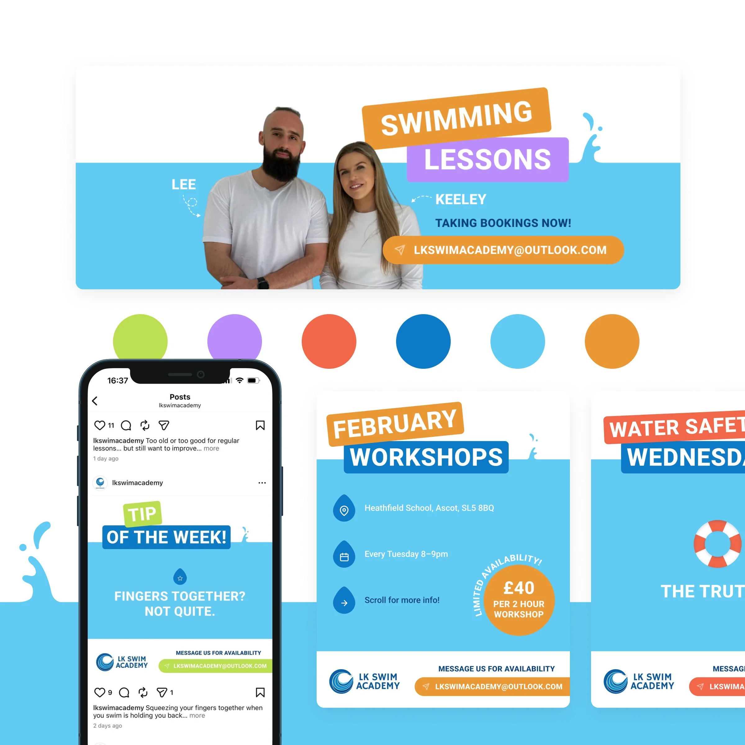 Promotion for swimming lessons and workshops by LK Swim Academy, featuring a photo of a man and woman, with colorful text overlays and social media post mockups.