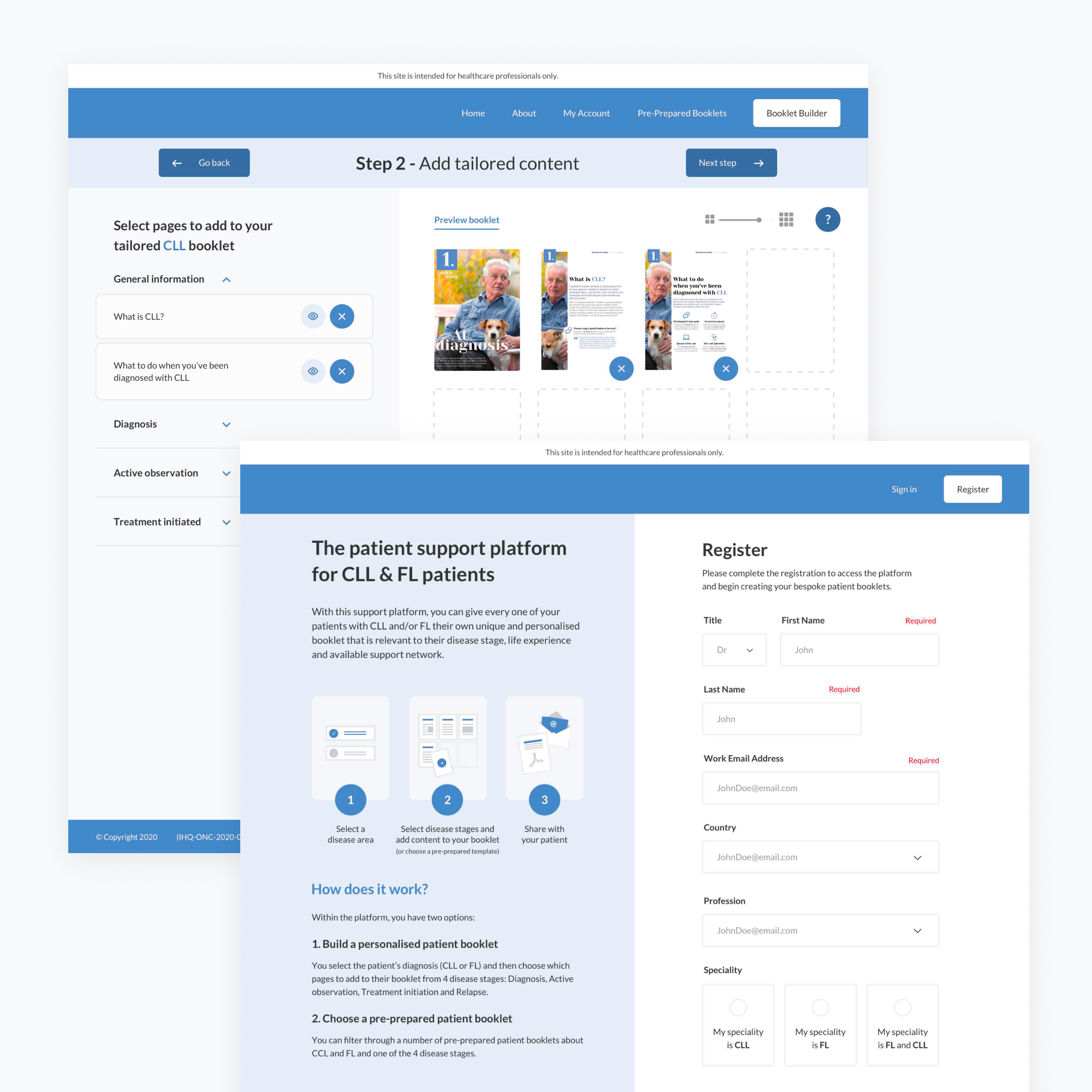 Screenshots of a web platform for healthcare professionals, featuring a booklet builder tool, a support platform for patients with CLL and FL, and a registration form for patients to create personalized booklet content.