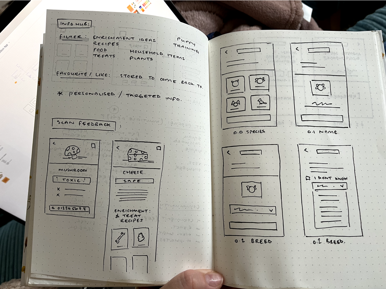 Hand-drawn sketches and notes in a notebook about a pet or animal care and feeding app, including sections for info hub, filter ideas, feedback, animal species, names, breeds, and personalized info.