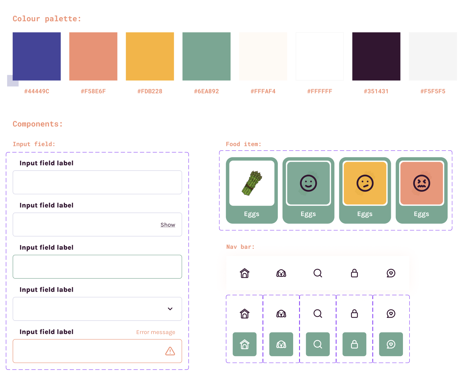 A digital interface design with a color palette at the top, input fields on the left, a food item selection section in the middle with icons of eggs and happy to angry faces, and navigation icons at the bottom.