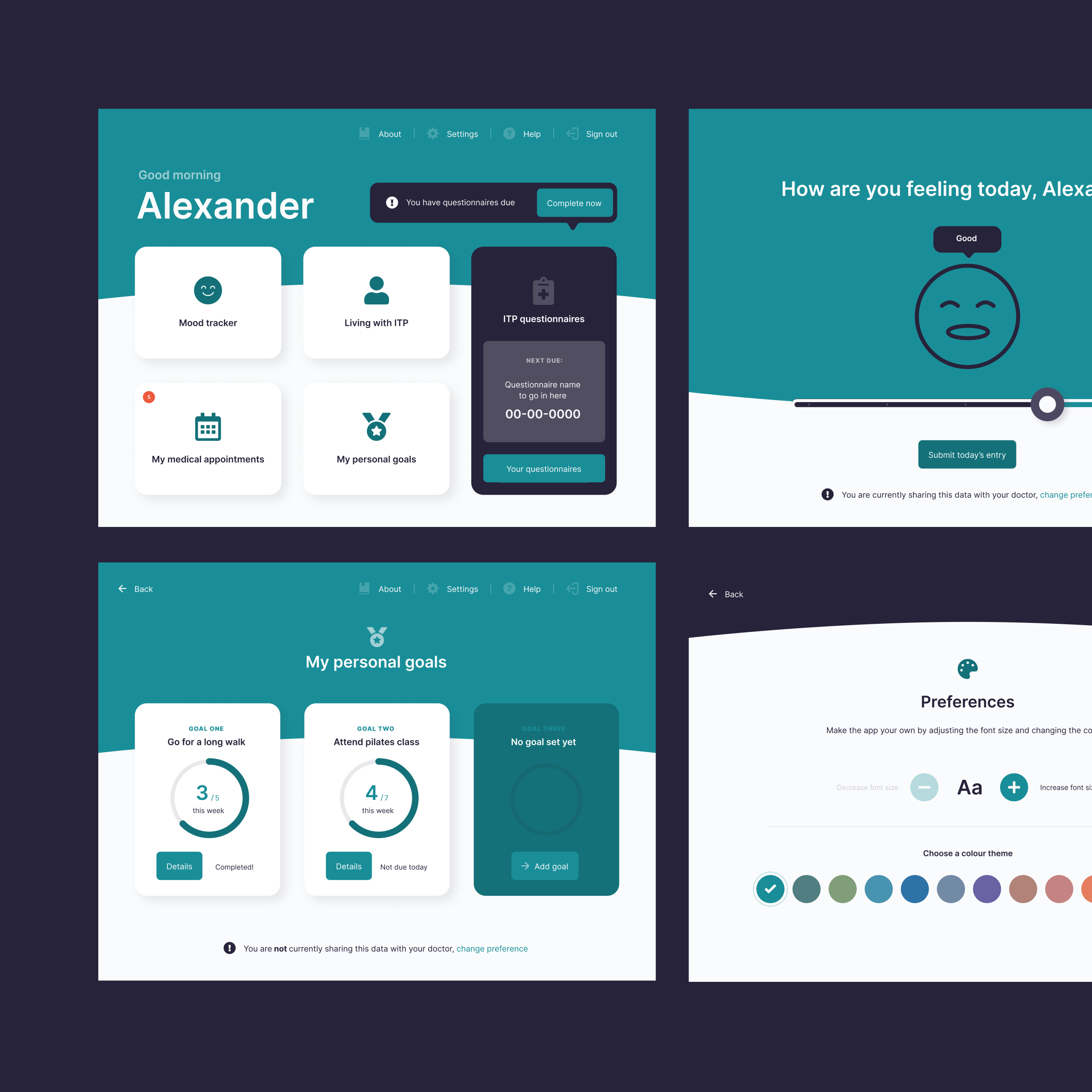 Screenshots of a mental health app interface showing a user named Alexander's dashboard, mood tracking, health questionnaires, personal goals, preferences, and a cheerful emoji face.
