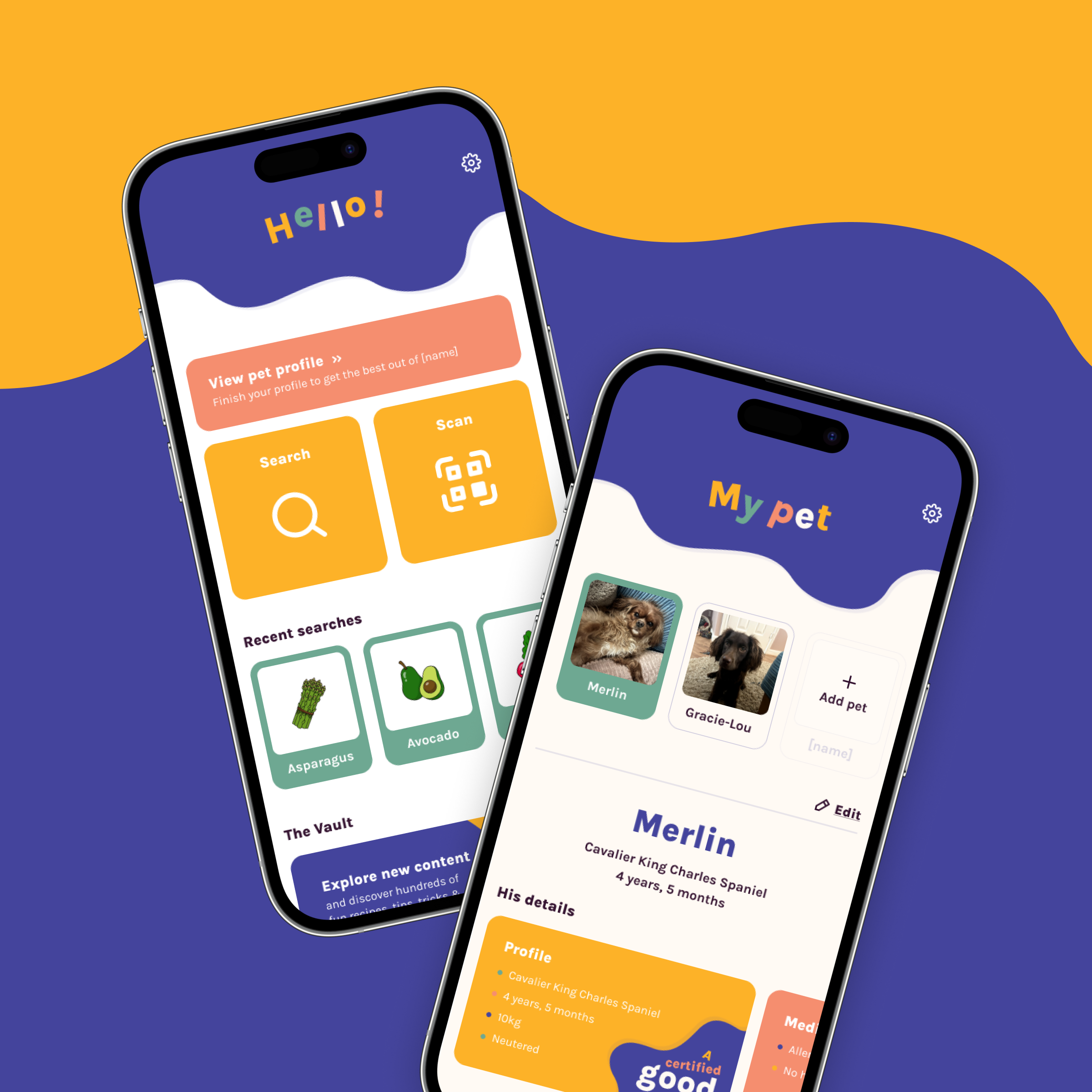 Two phone mock-ups of a pet nutrition app.