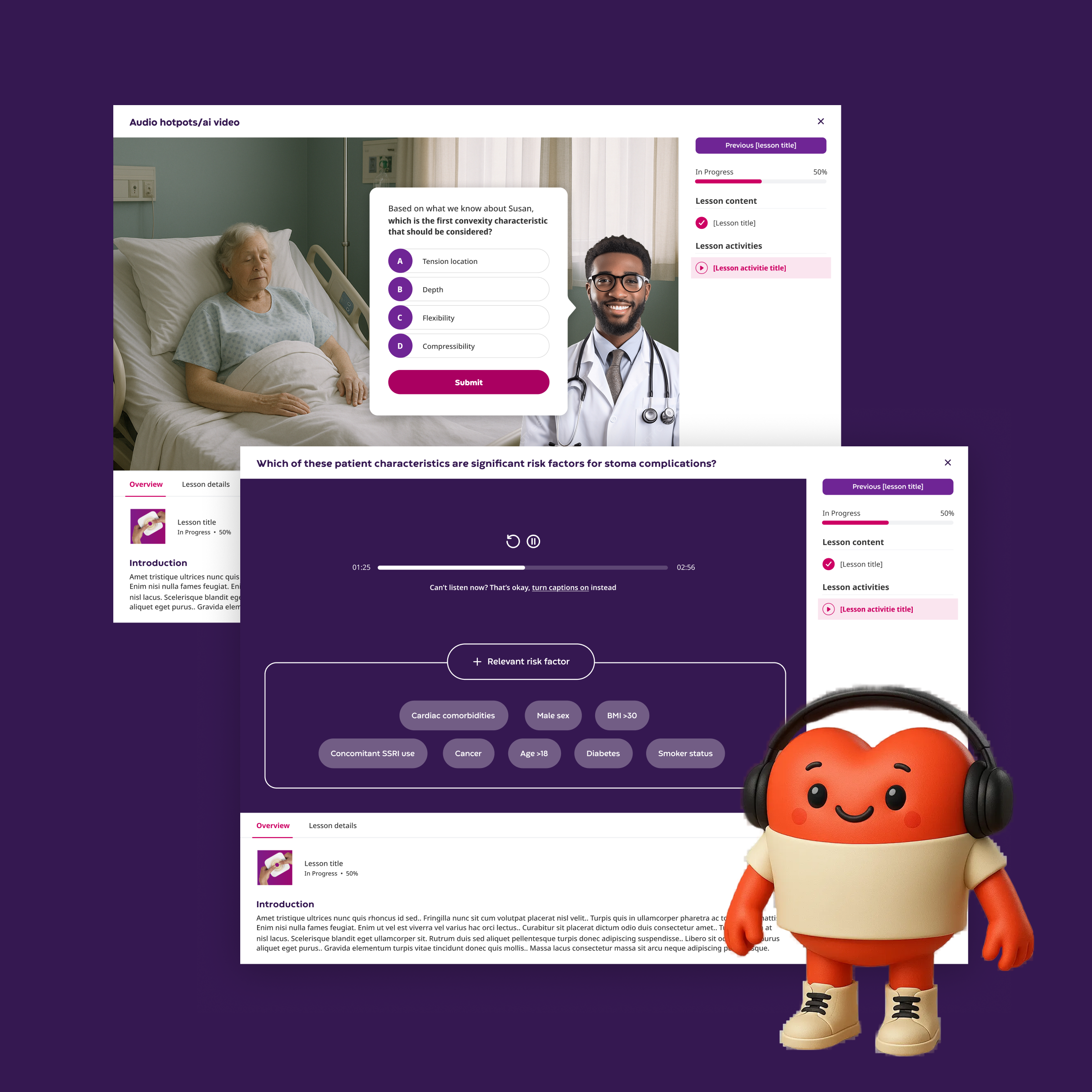 Snapshot images from a e-learning platform on Absorb LMS, with a heart shaped character wearing headphones sat on top.