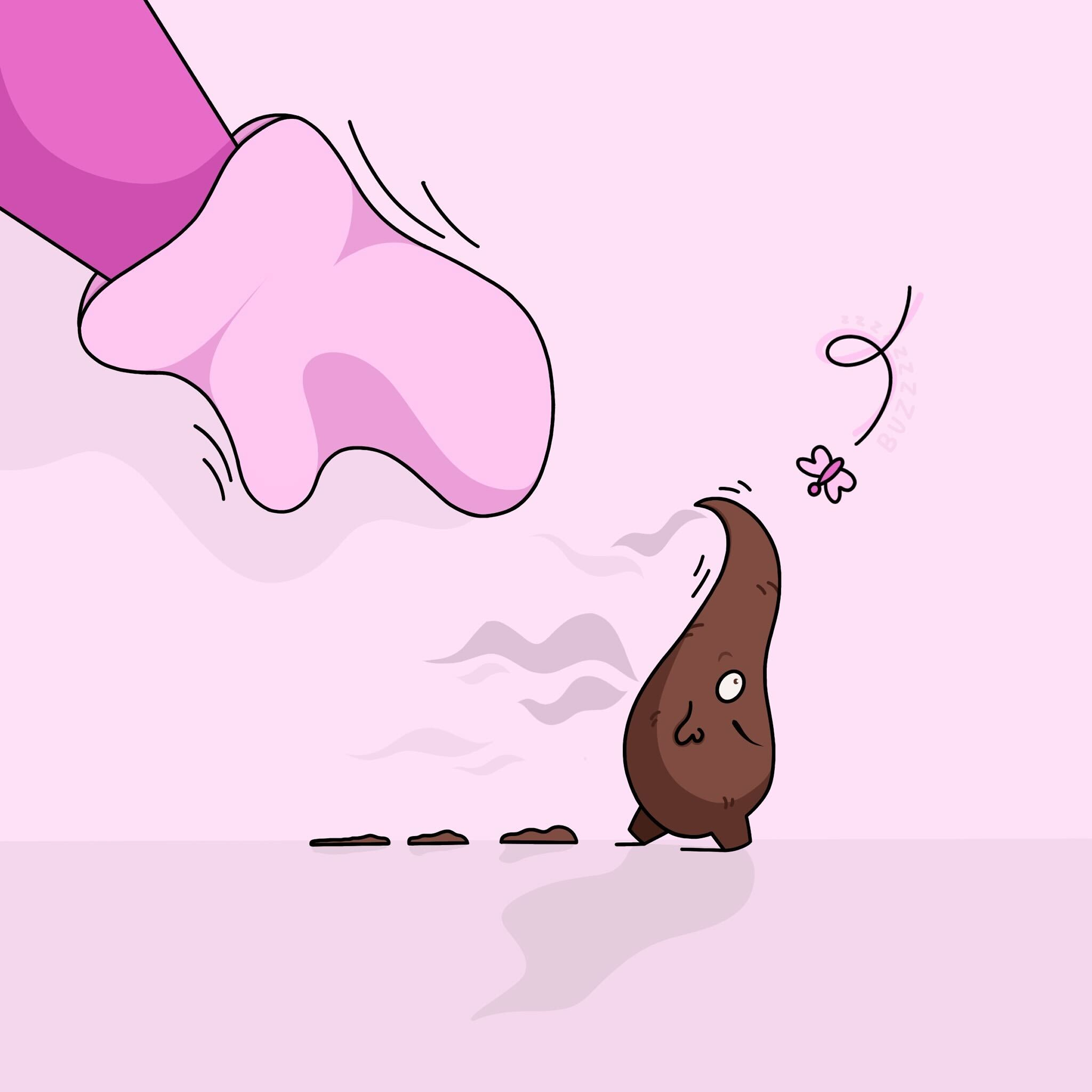 A cartoon illustration of a walking poop character with a sneaky expression, with a pink butterfly fluttering nearby on a light pink background.