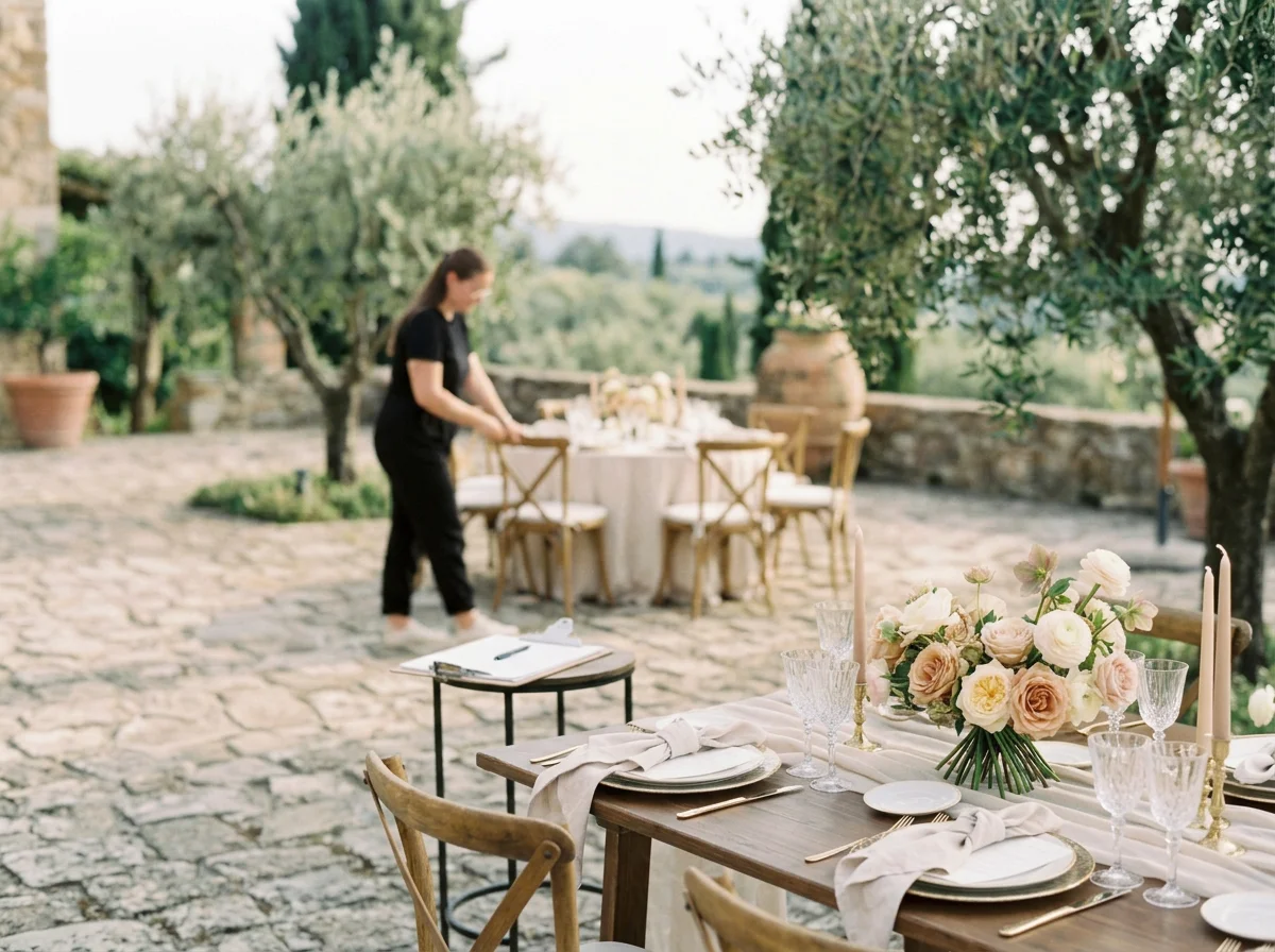 Elegant gedeckte Hochzeitstafel mit Blumenarrangement und Kerzen in einer mediterranen Hochzeitslocation in der Schweiz. Bild KI generiert.