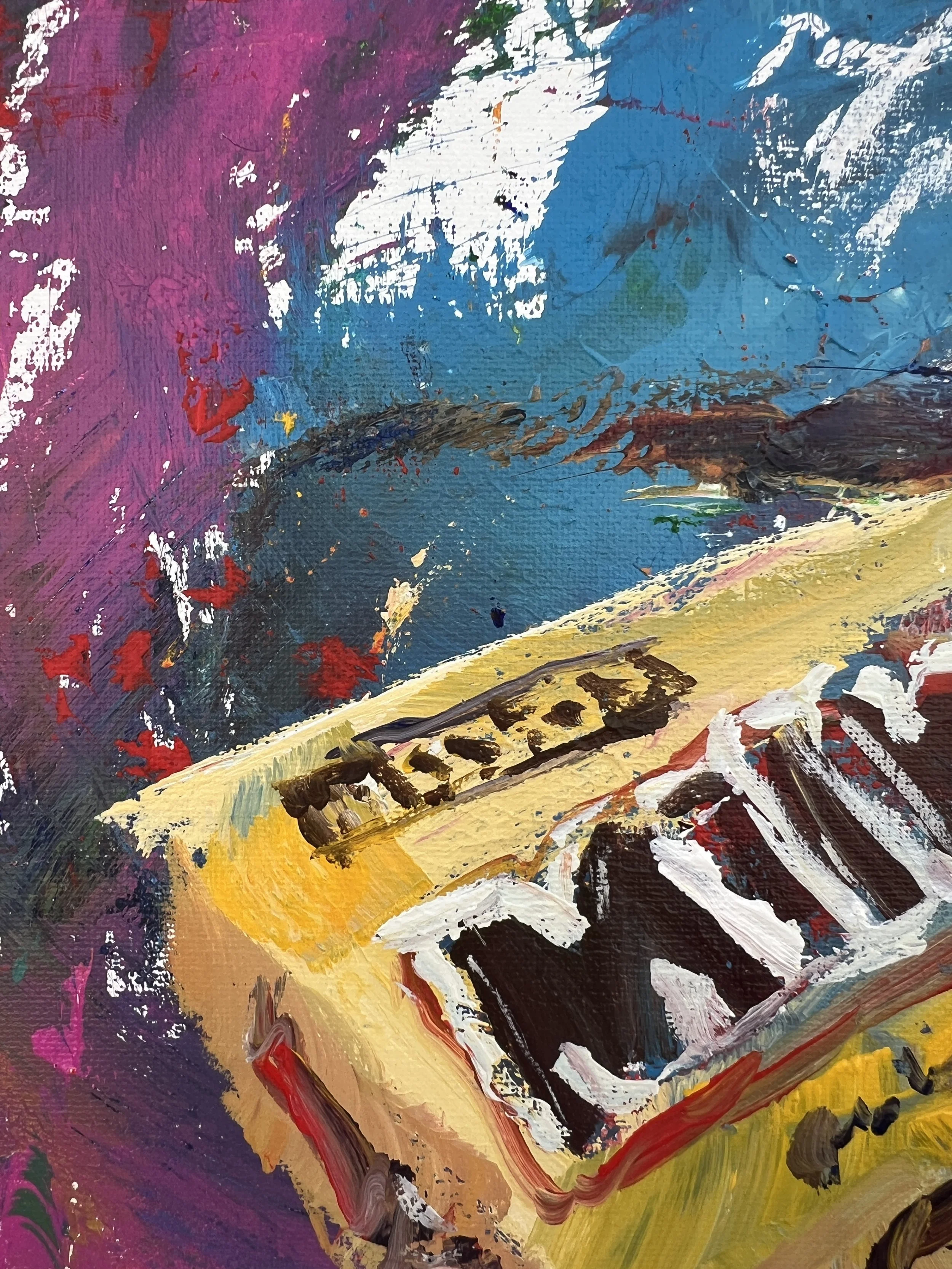 Bold expressive painting of Milk Duds yellow candy box with red and brown lettering, acrylics on 11x14 canvas - close up 1