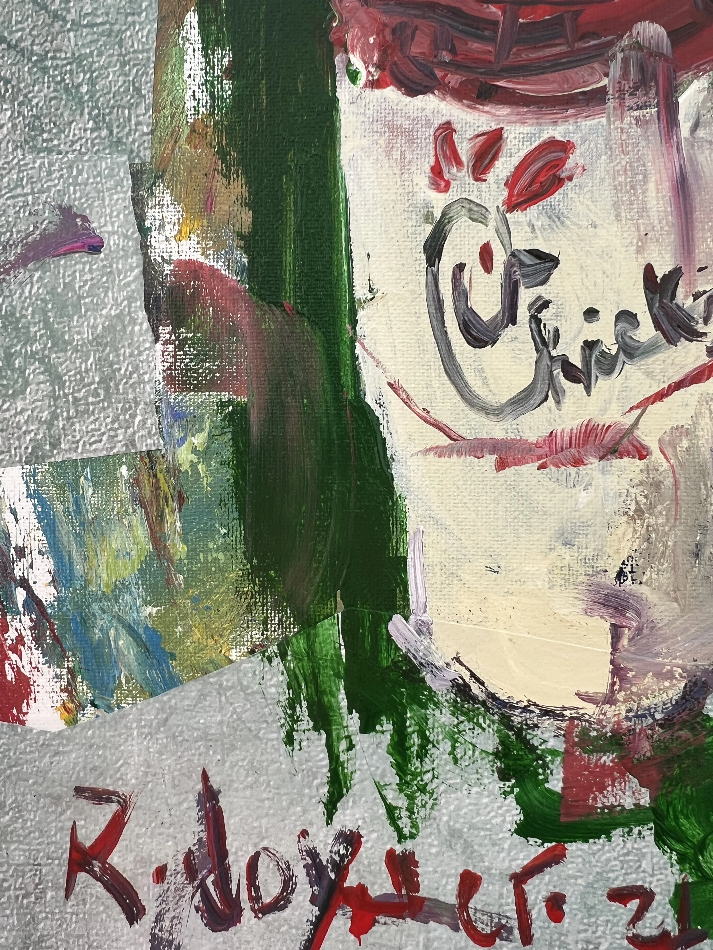 Bold expressive painting of Chick-fil-A cup with red logo and collage elements, acrylics on 14x11 canvas - close up 4
