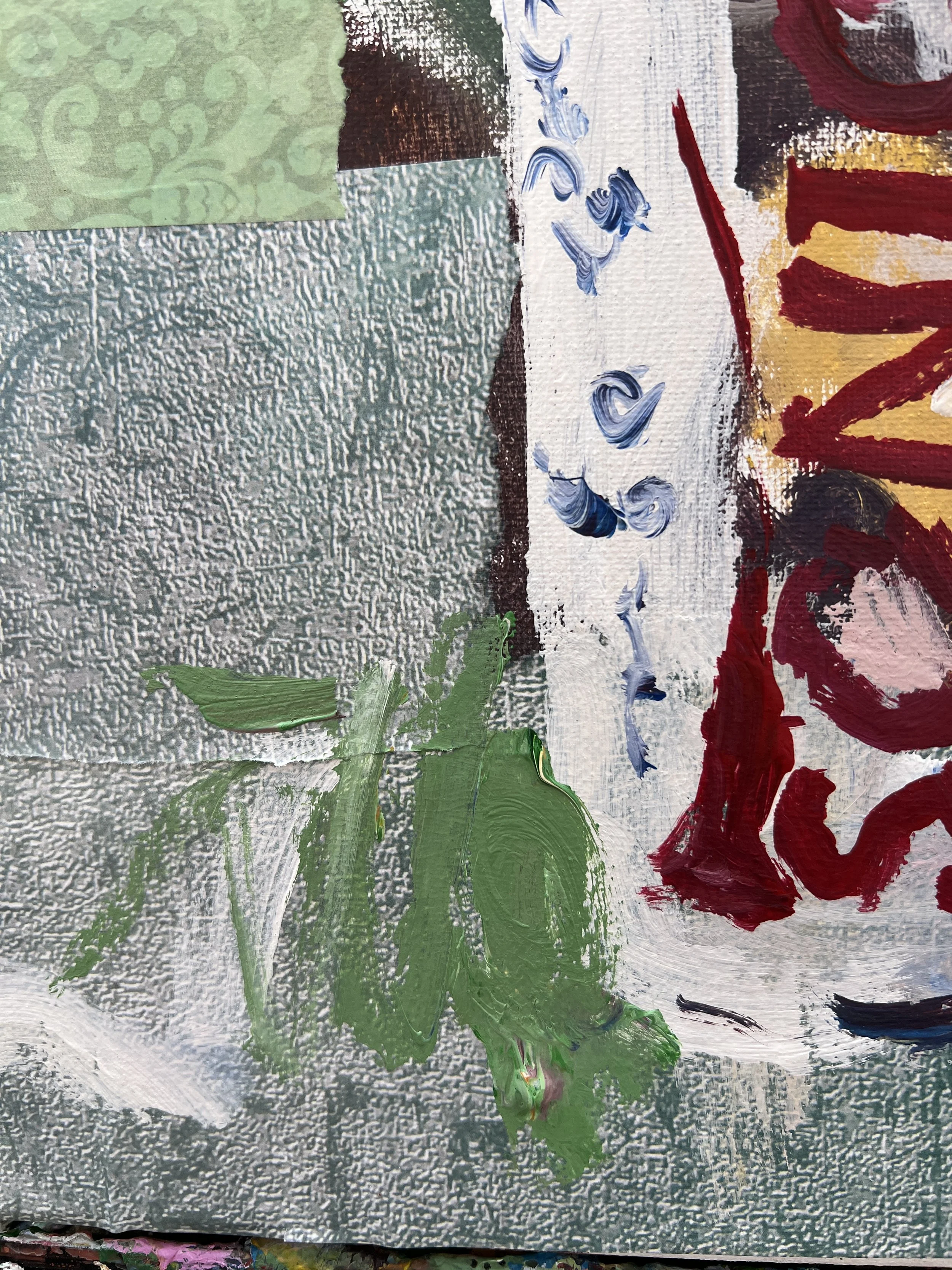 Bold expressive painting of Sonic Drive-In drink cup with colorful logo and collage elements, acrylics on 11x14 canvas - close up 3