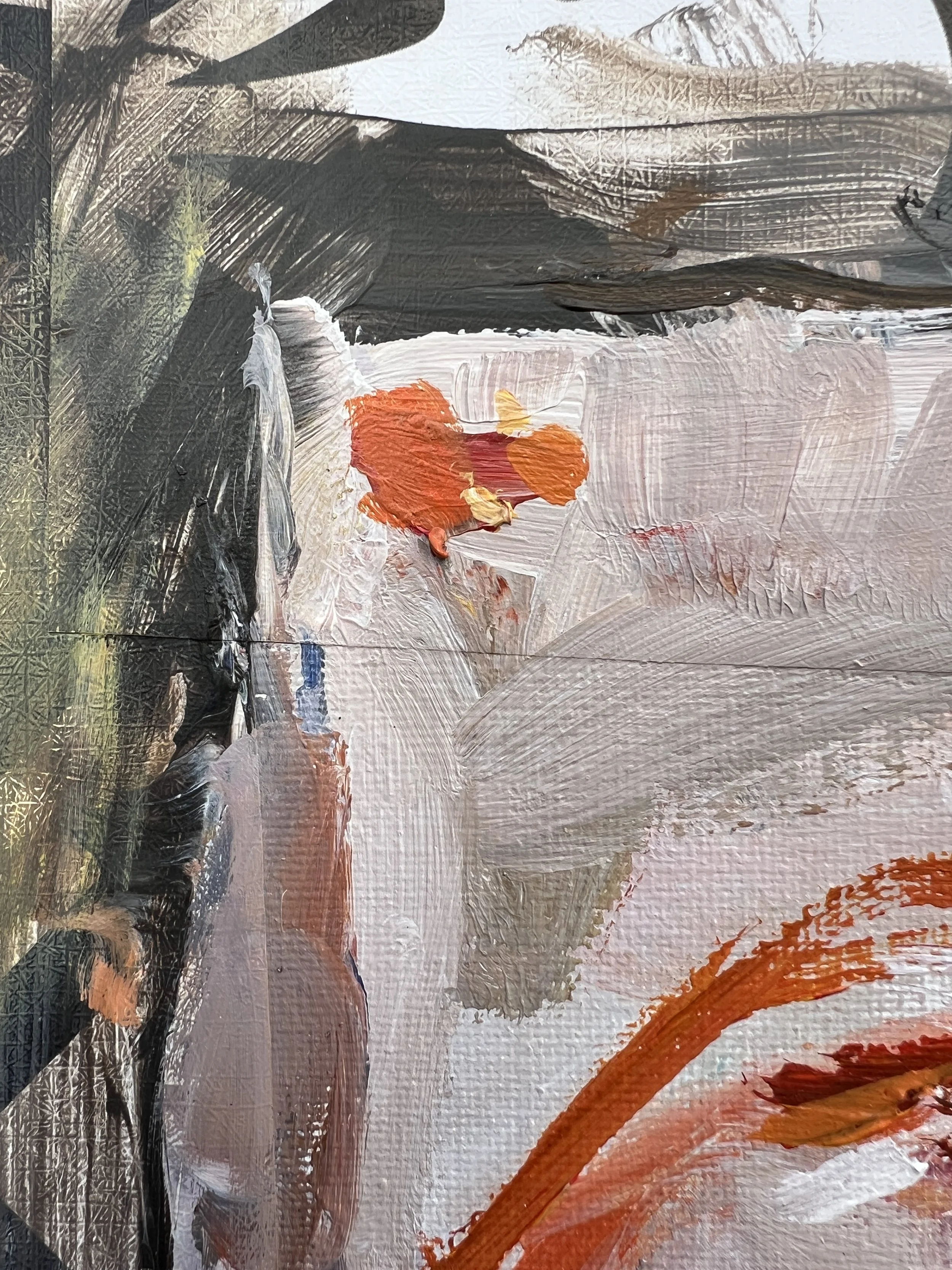 Detail view of Bold expressive painting of Goldfish crackers orange bag with smiling goldfish logo