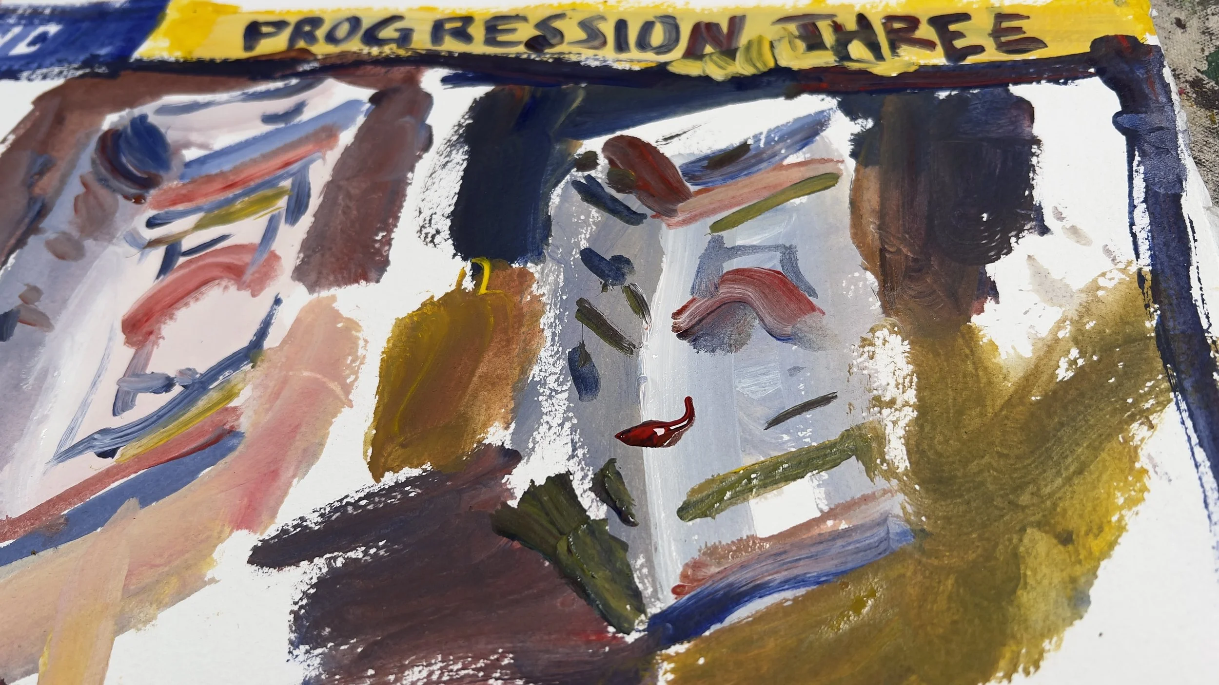 An abstract painting with various brushstrokes and colors, including yellow, blue, red, brown, black, and white, with a yellow banner at the top that says 'PROGRESSION' and other partially visible words.