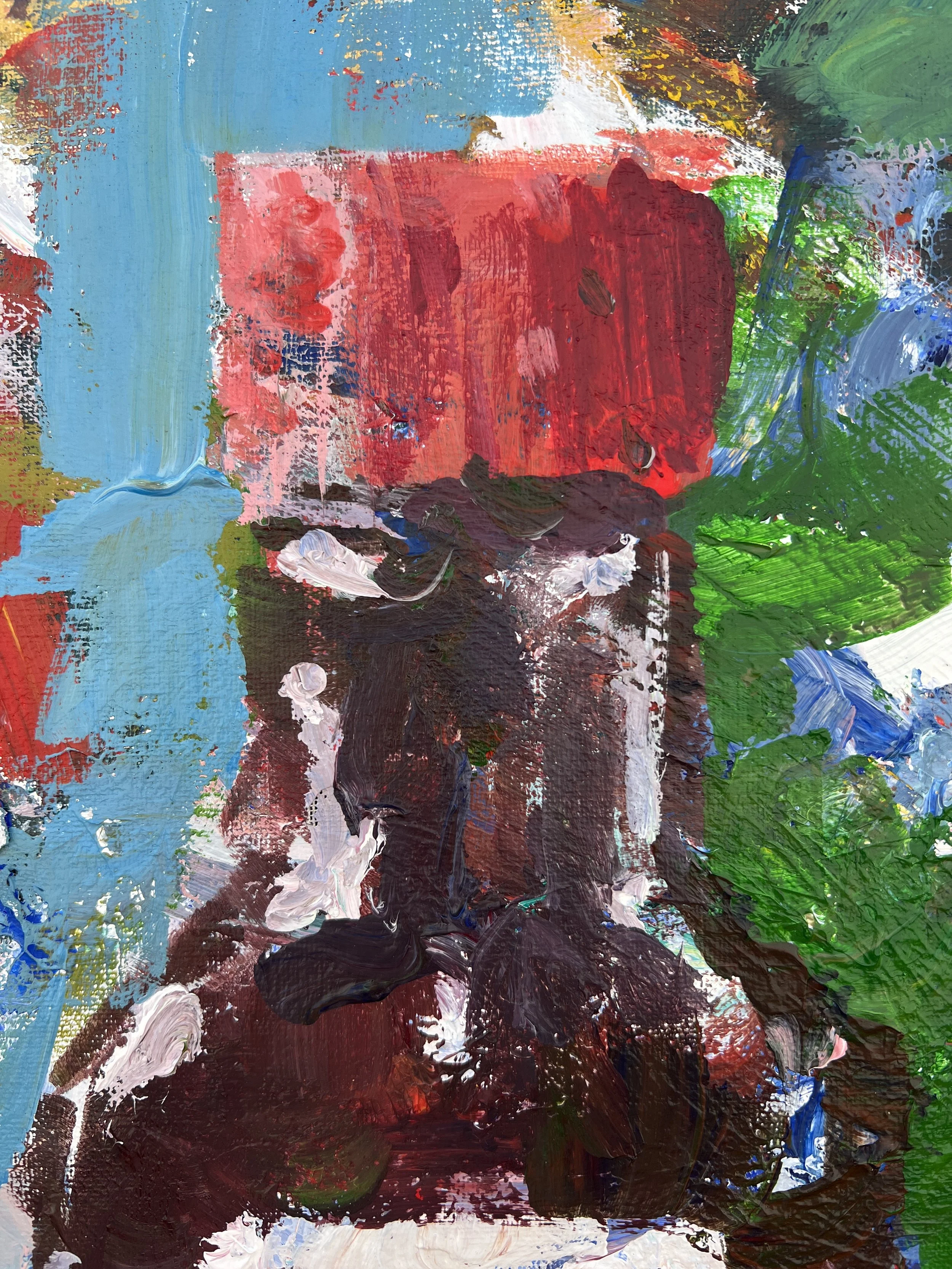 Bold expressive painting of McCormick Pure Vanilla Extract brown bottle with red cap, acrylics on 20x16 canvas - close up 1